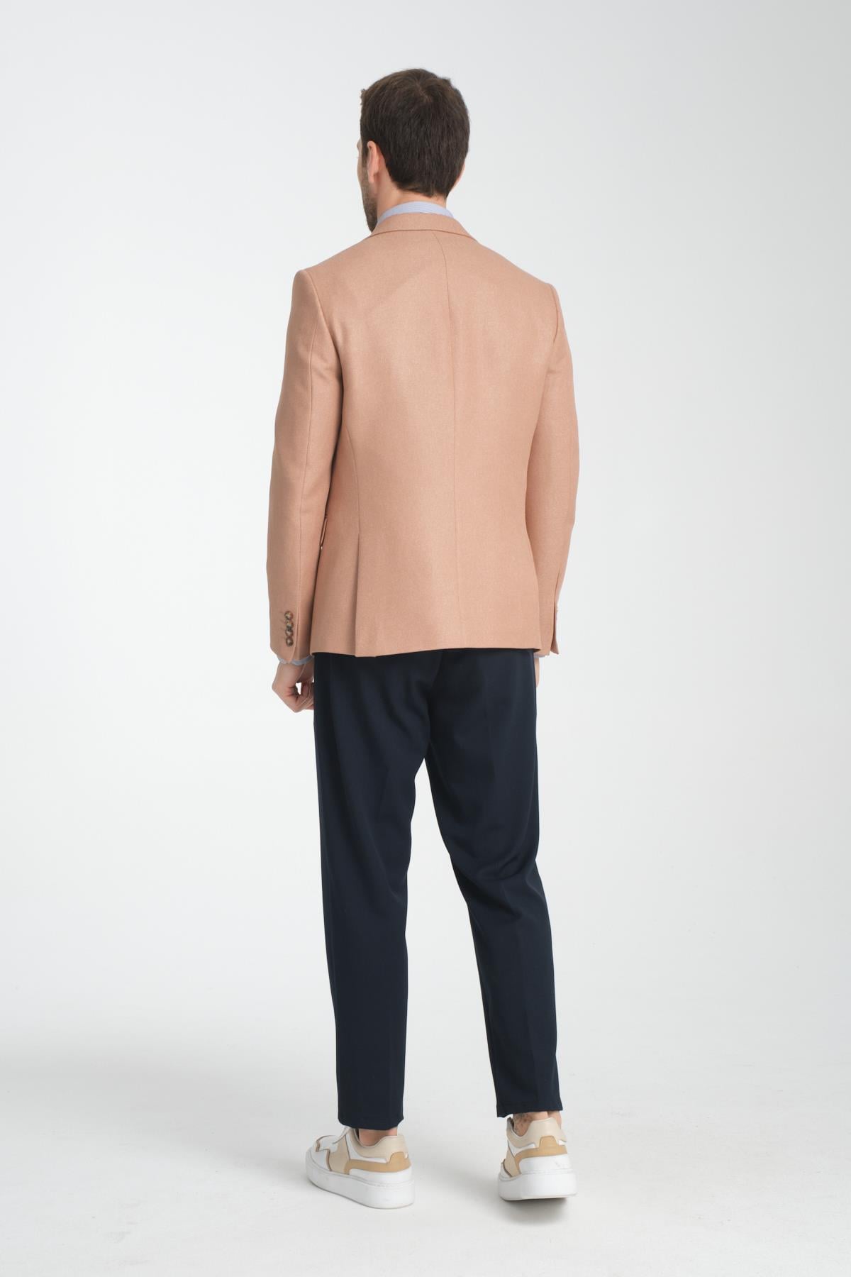 Fevual Erkek Bej Mono Yaka Diagonal Desenli Slim Fit Spor Blazer Ceket