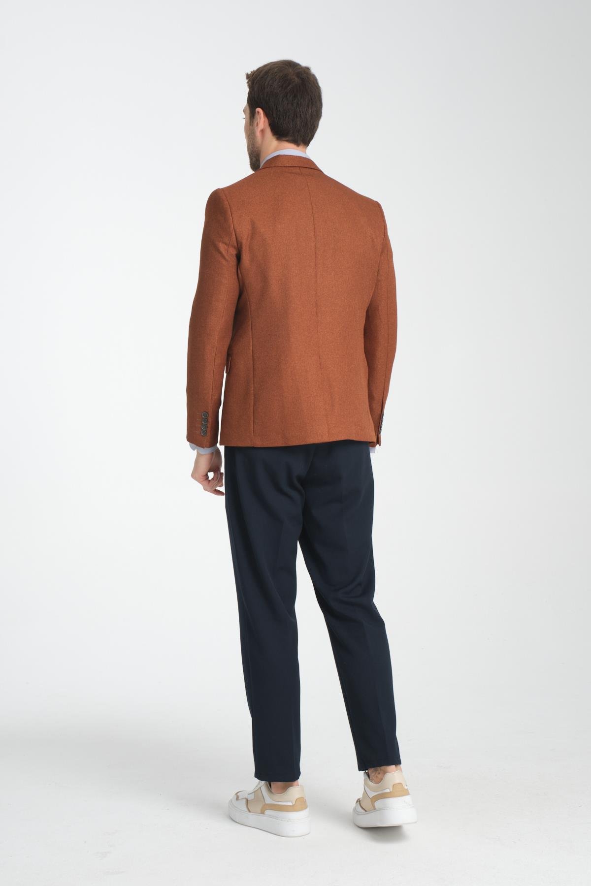 Fevual Erkek Bronz Mono Yaka Diagonel Desenli Slim Fit Blazer Spor Ceket