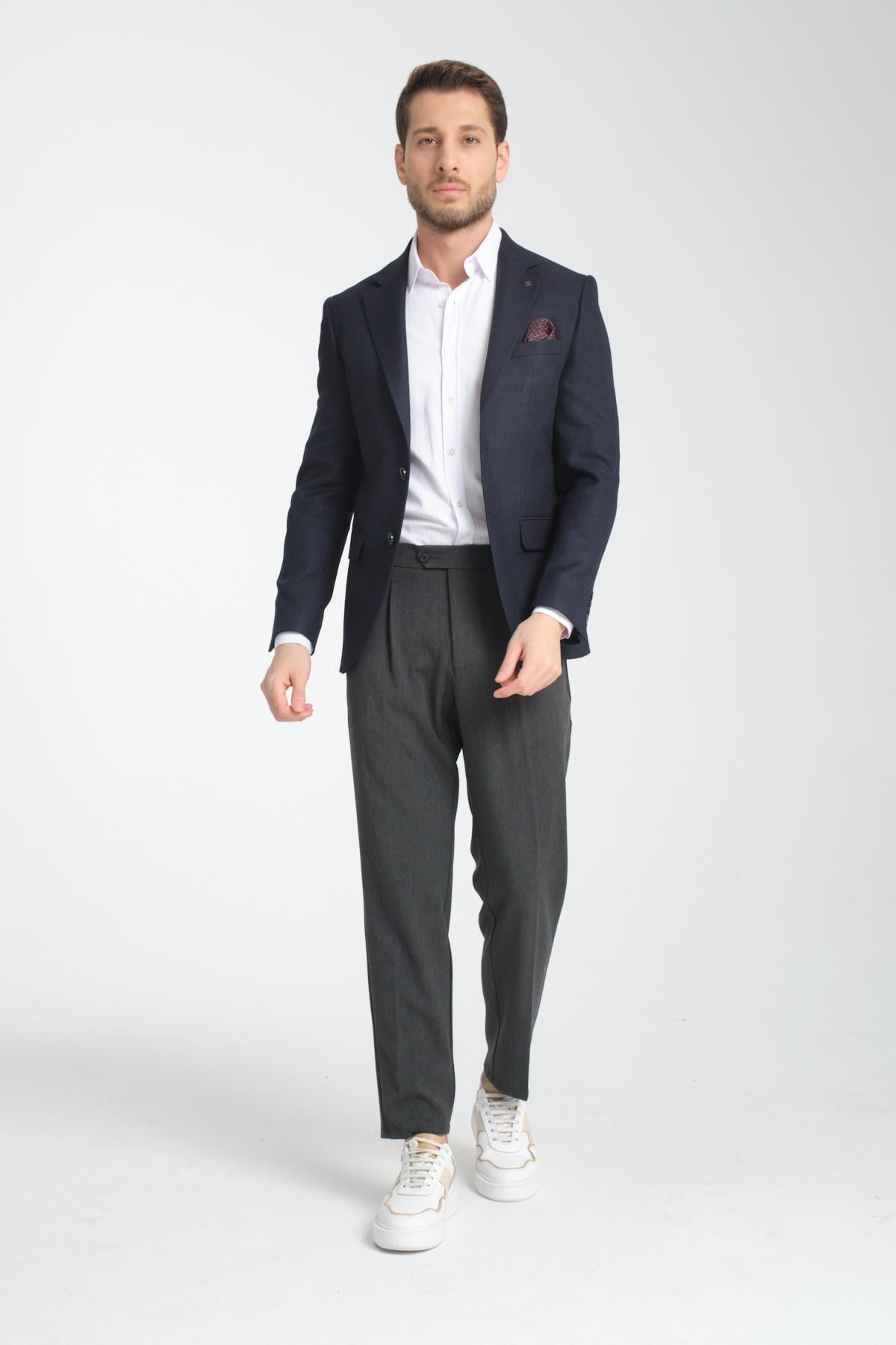 Fevual Erkek Koyu Lacivert Mono Yaka Diagonel Desenli Slim Fit Blazer Spor Ceket