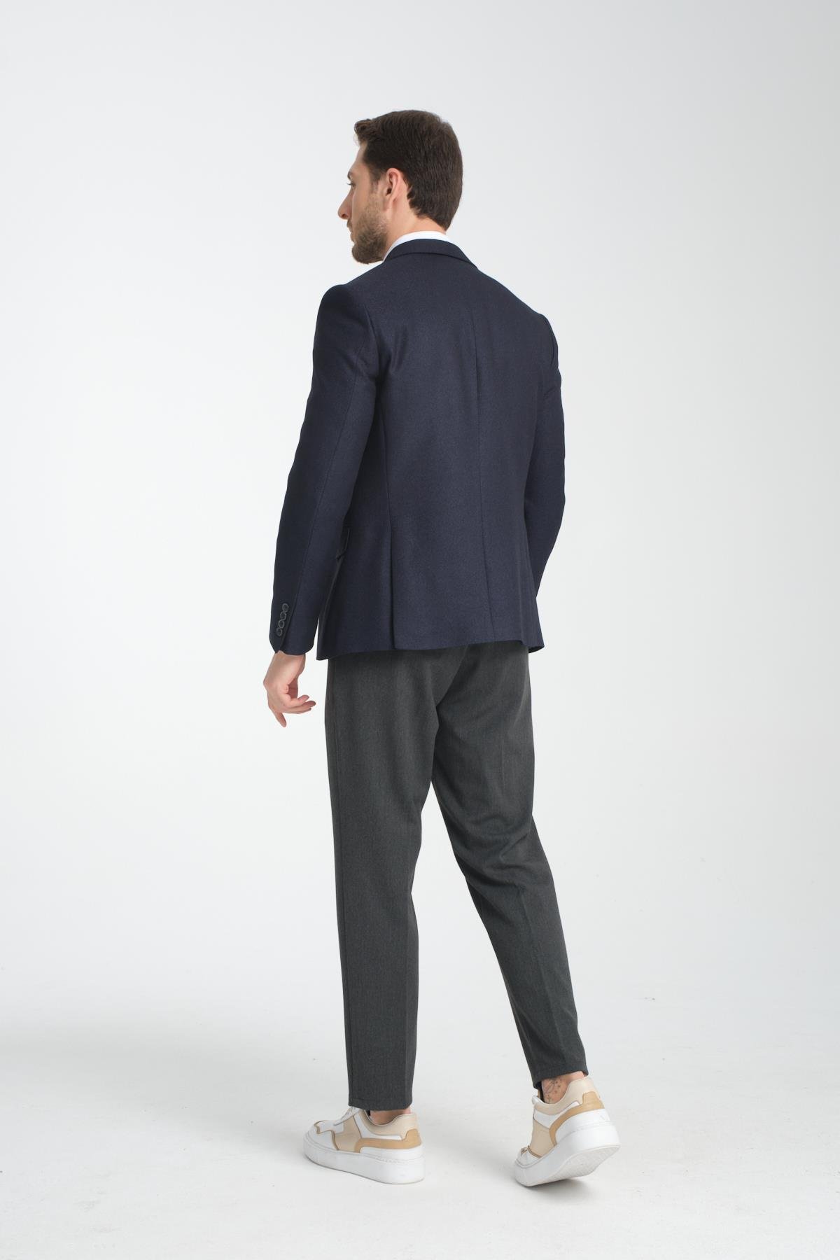 Fevual Erkek Koyu Lacivert Mono Yaka Diagonel Desenli Slim Fit Blazer Spor Ceket