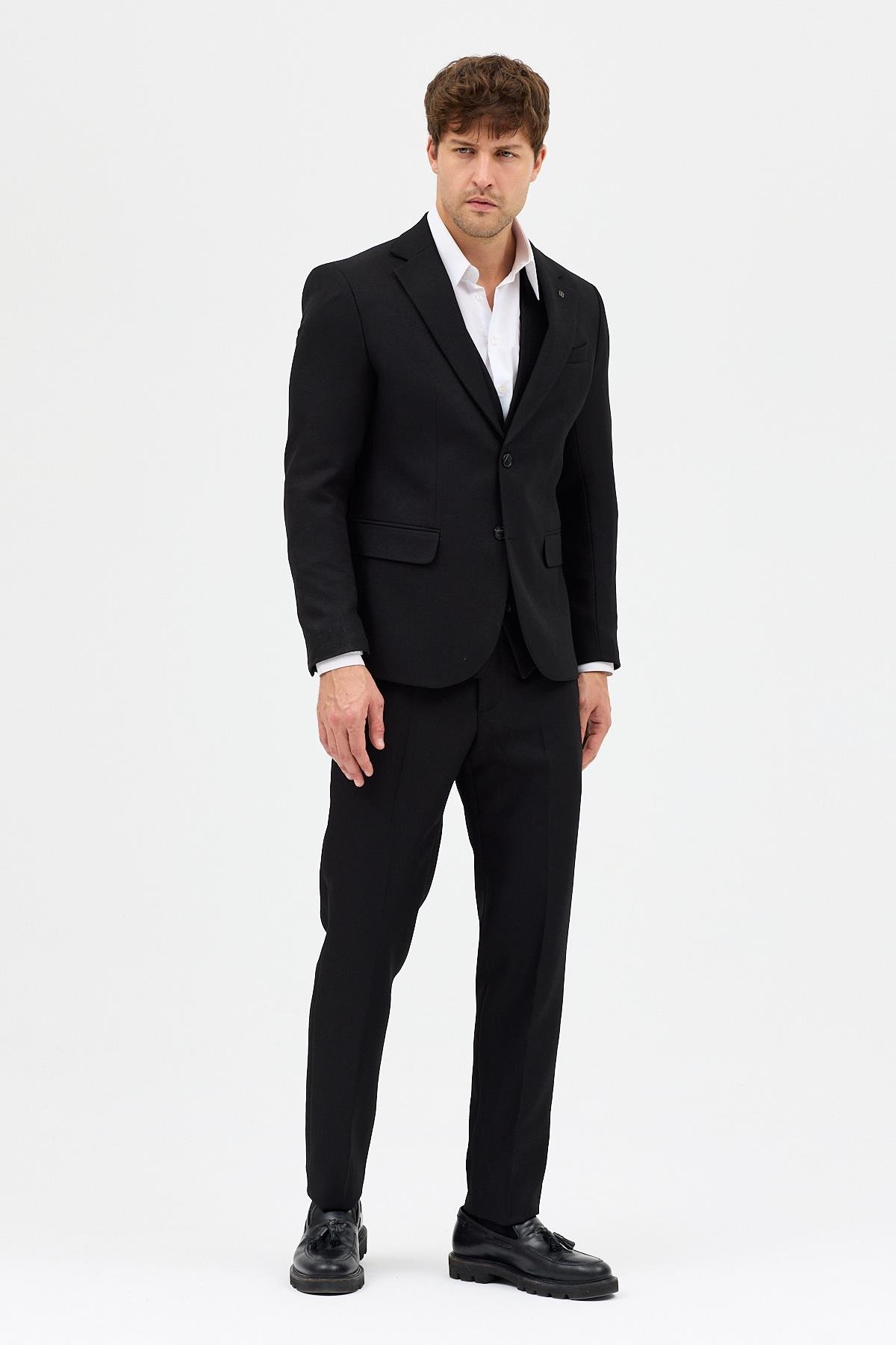 Fevual Erkek Siyah Slim Fit Kalın Düz Mono Yaka Çift Yırtmaçlı Astarlı Takim Elbise