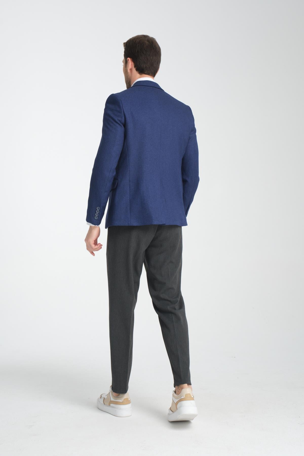 Fevuall Erkek Saks Mavi Diagonel Desenli Battal Büyük Beden Mono Yaka Dar Kesim Blazer Spor Ceket