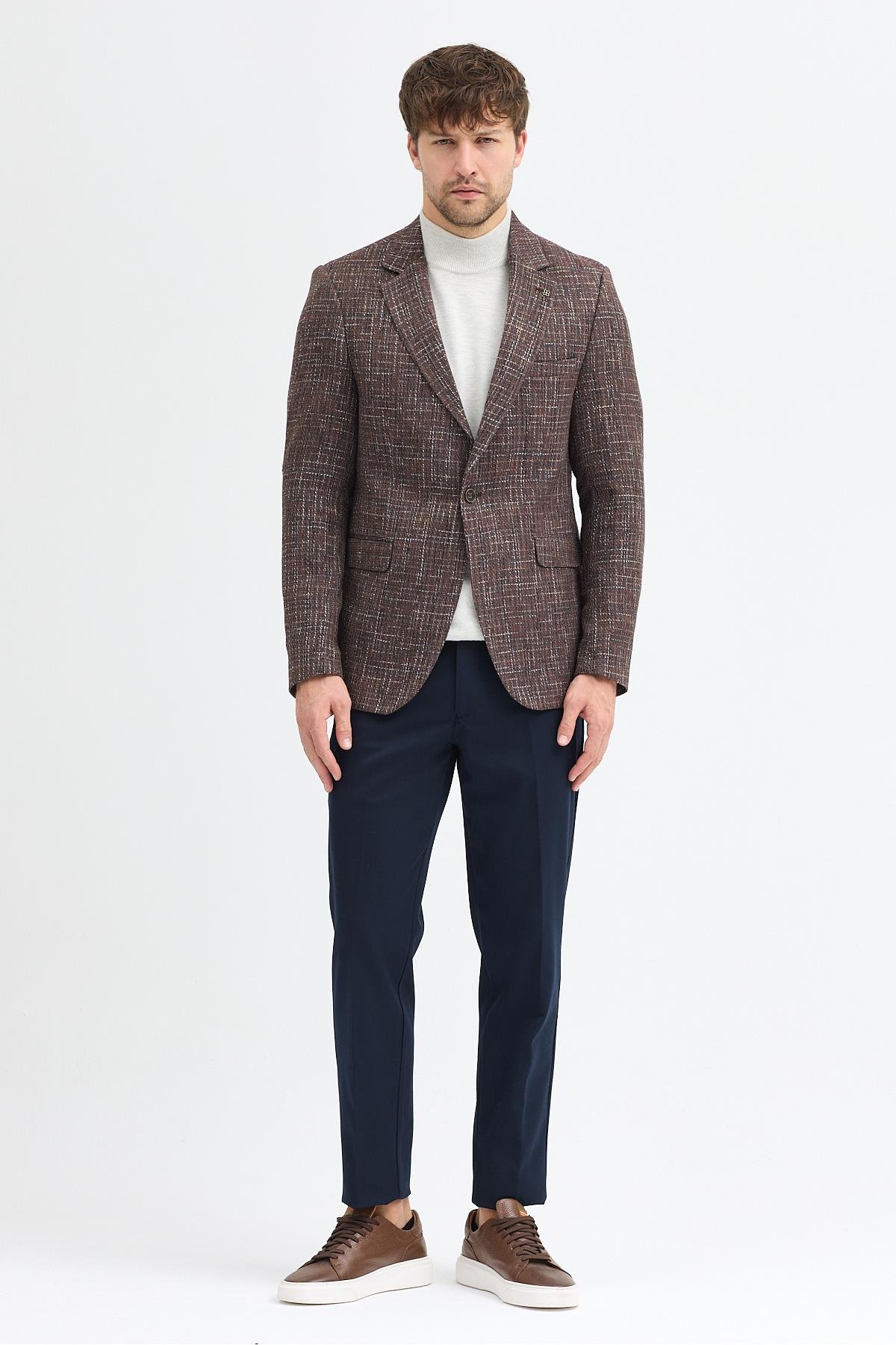 Fileno Erkek Kahve Kalın Mono Yaka Slim Fit Blazer Ceket