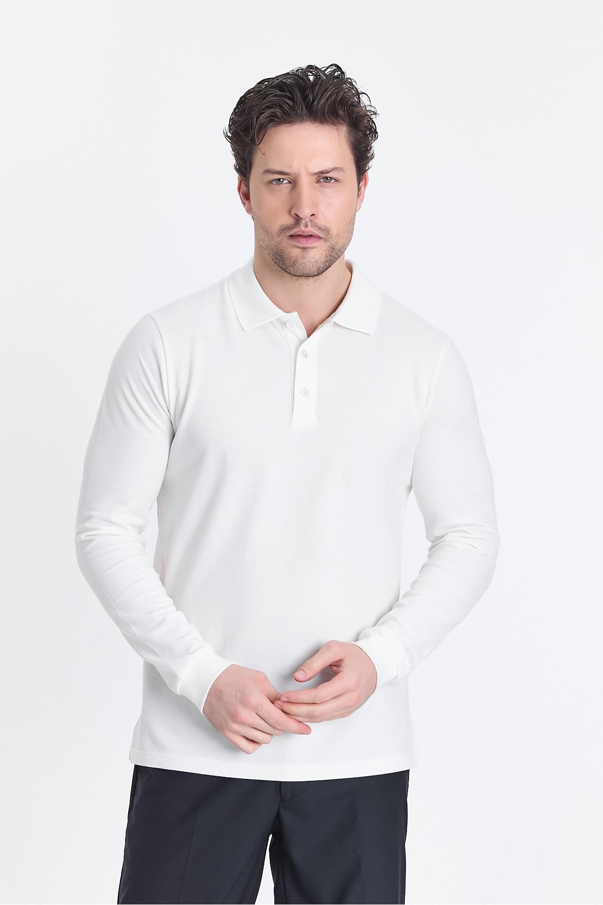 Frank Erkek Beyaz %100 Pamuk Pike Örme Esneyen Kumaş Slim Fit Dar Kesim Uzun Kol Polo Tişört