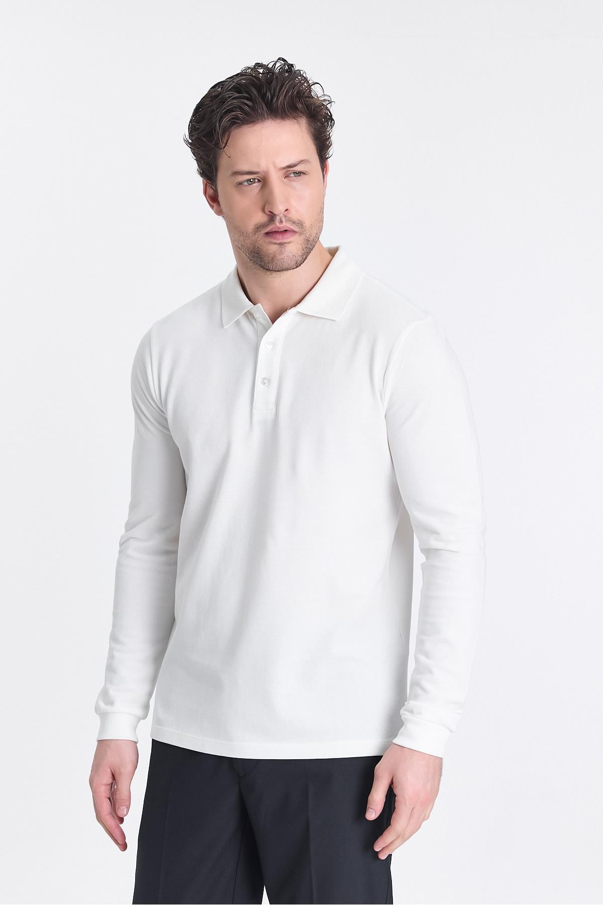 Frank Erkek Beyaz %100 Pamuk Pike Örme Esneyen Kumaş Slim Fit Dar Kesim Uzun Kol Polo Tişört