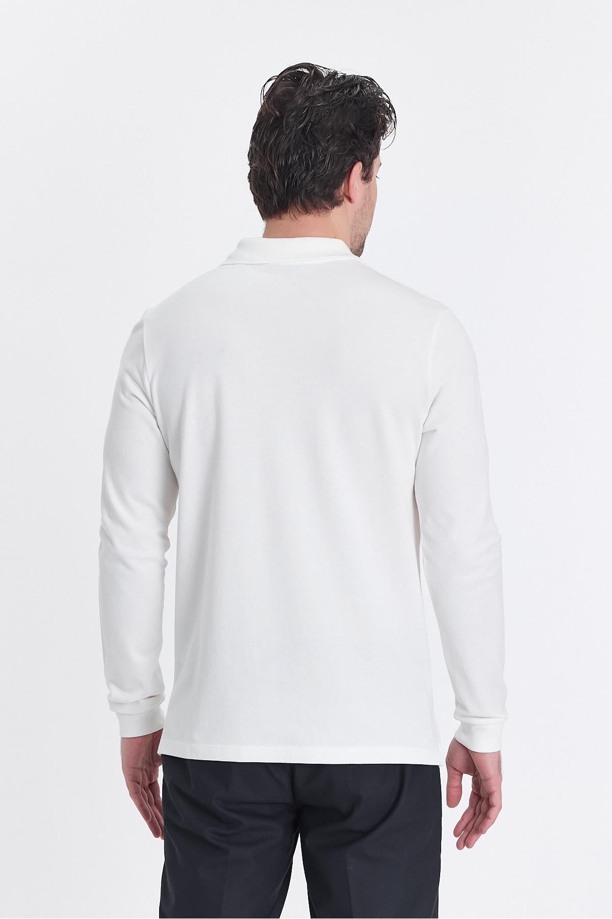 Frank Erkek Beyaz %100 Pamuk Pike Örme Esneyen Kumaş Slim Fit Dar Kesim Uzun Kol Polo Tişört
