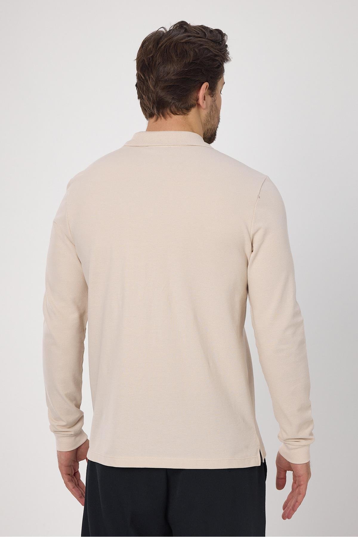 Frank Erkek Ekru %100 Pamuk Pike Örme Esneyen Kumaş Slim Fit Dar Kesim Uzun Kol Polo Tişört