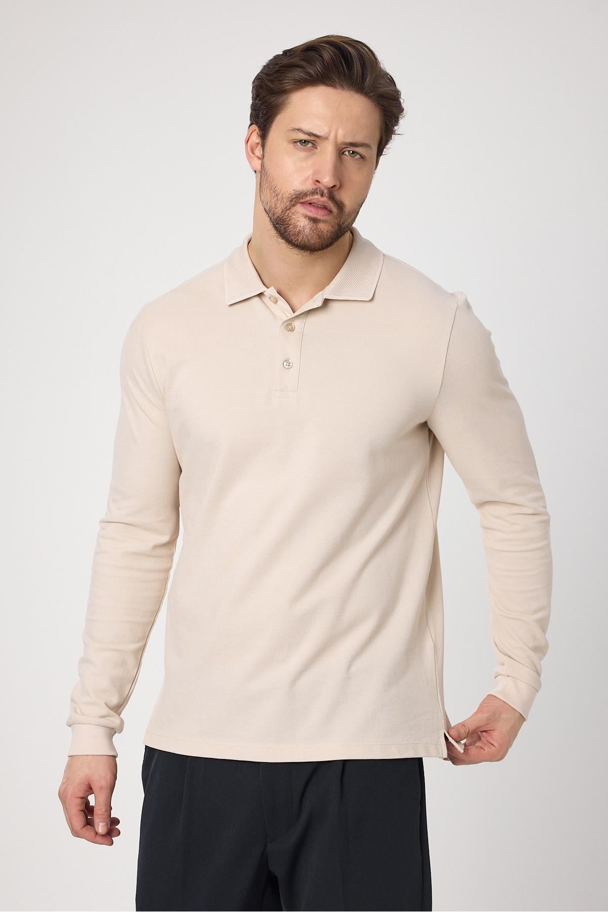 Frank Erkek Ekru %100 Pamuk Pike Örme Esneyen Kumaş Slim Fit Dar Kesim Uzun Kol Polo Tişört