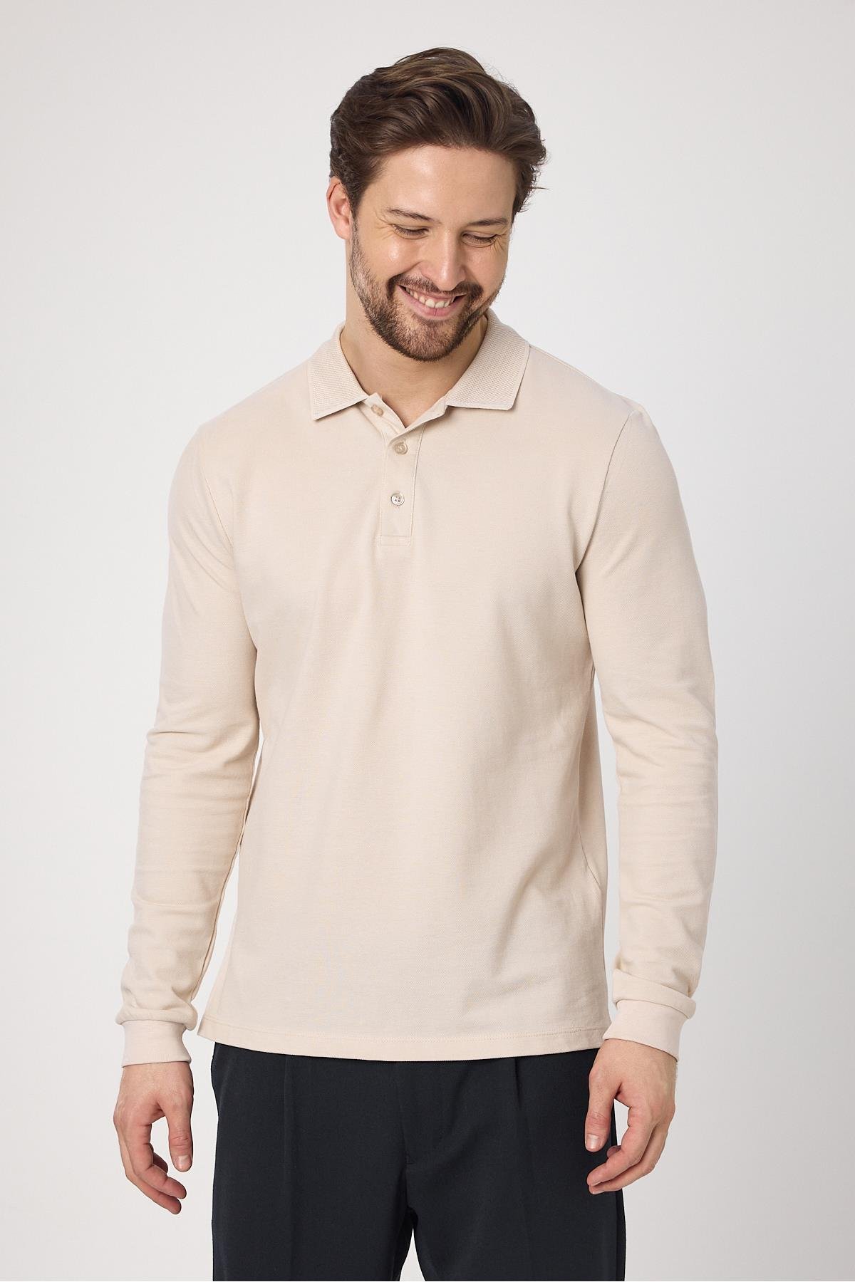 Frank Erkek Ekru %100 Pamuk Pike Örme Esneyen Kumaş Slim Fit Dar Kesim Uzun Kol Polo Tişört