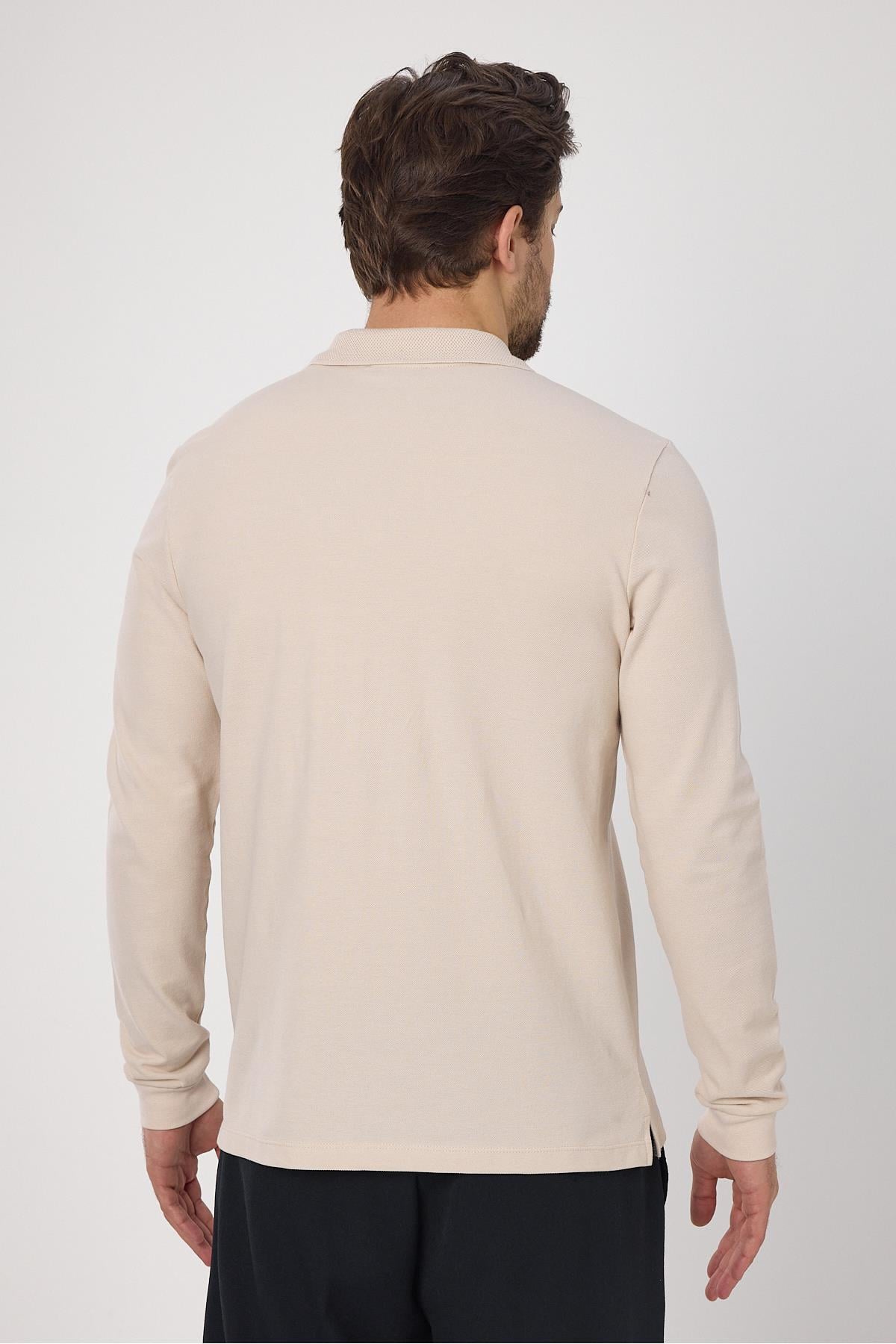 Frank Erkek Ekru %100 Pamuk Pike Örme Esneyen Kumaş Slim Fit Dar Kesim Uzun Kol Polo Tişört