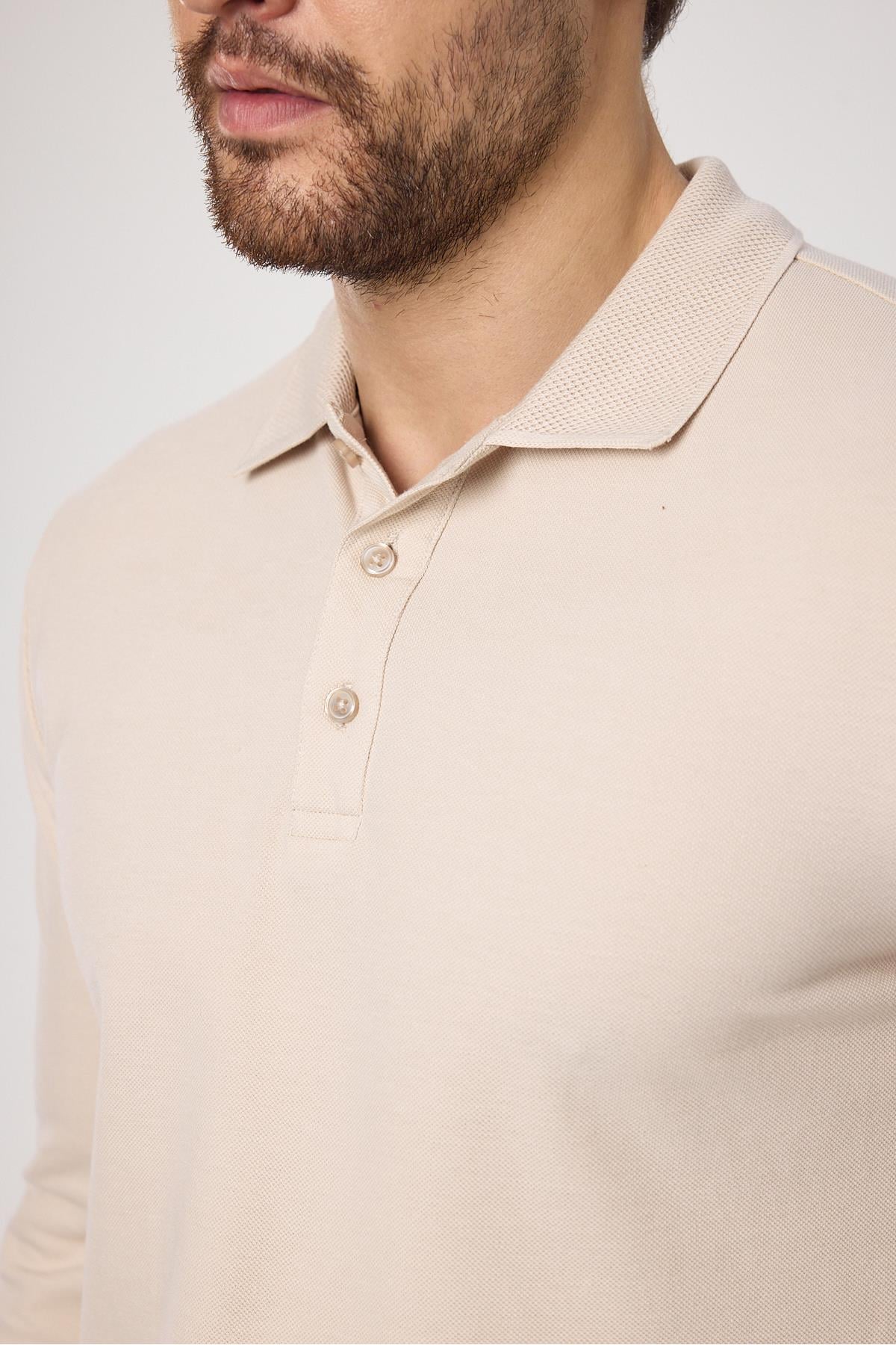 Frank Erkek Ekru %100 Pamuk Pike Örme Esneyen Kumaş Slim Fit Dar Kesim Uzun Kol Polo Tişört