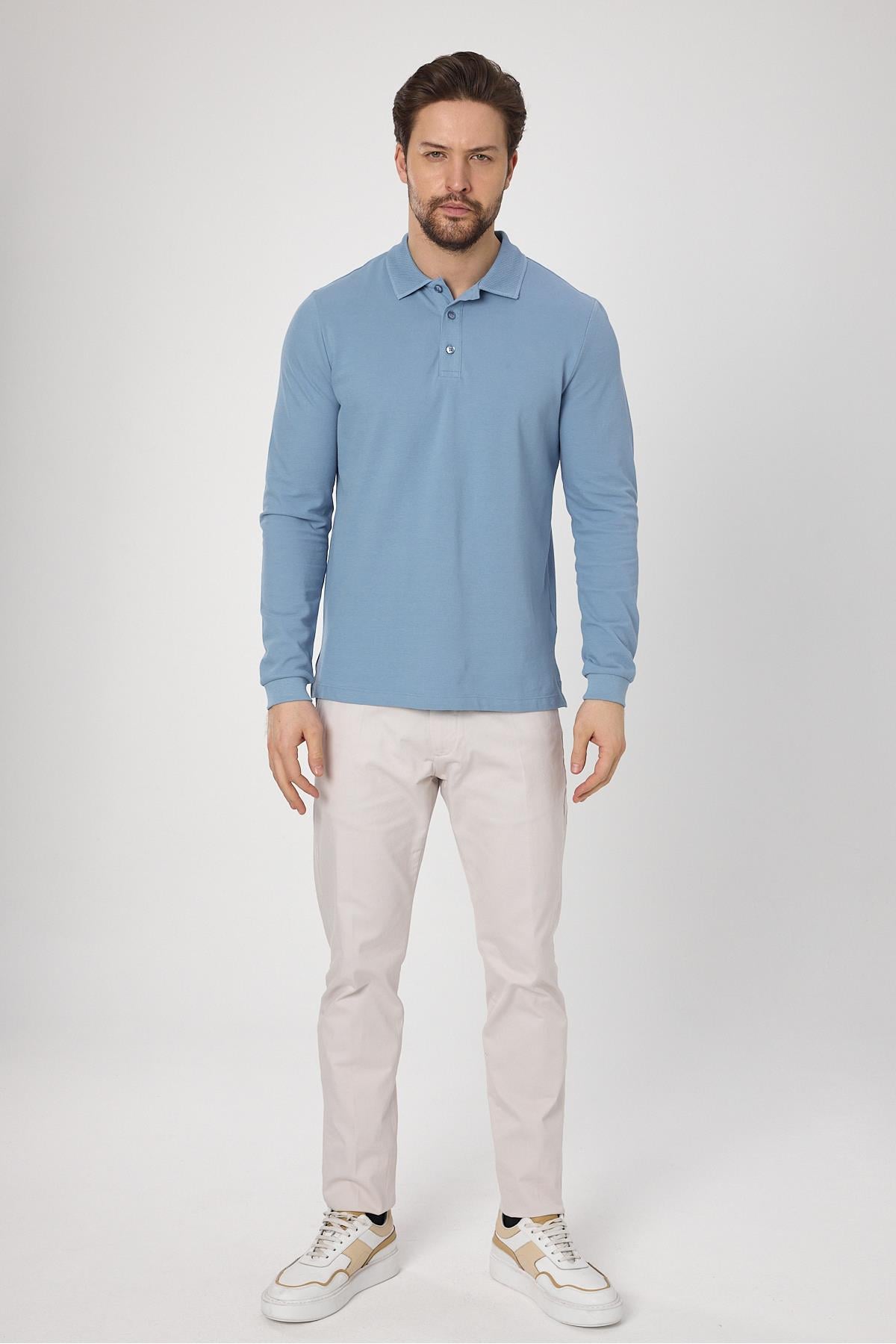 Frank Erkek Mavi %100 Pamuk Pike Örme Esneyen Kumaş Slim Fit Dar Kesim Uzun Kol Polo Tişört