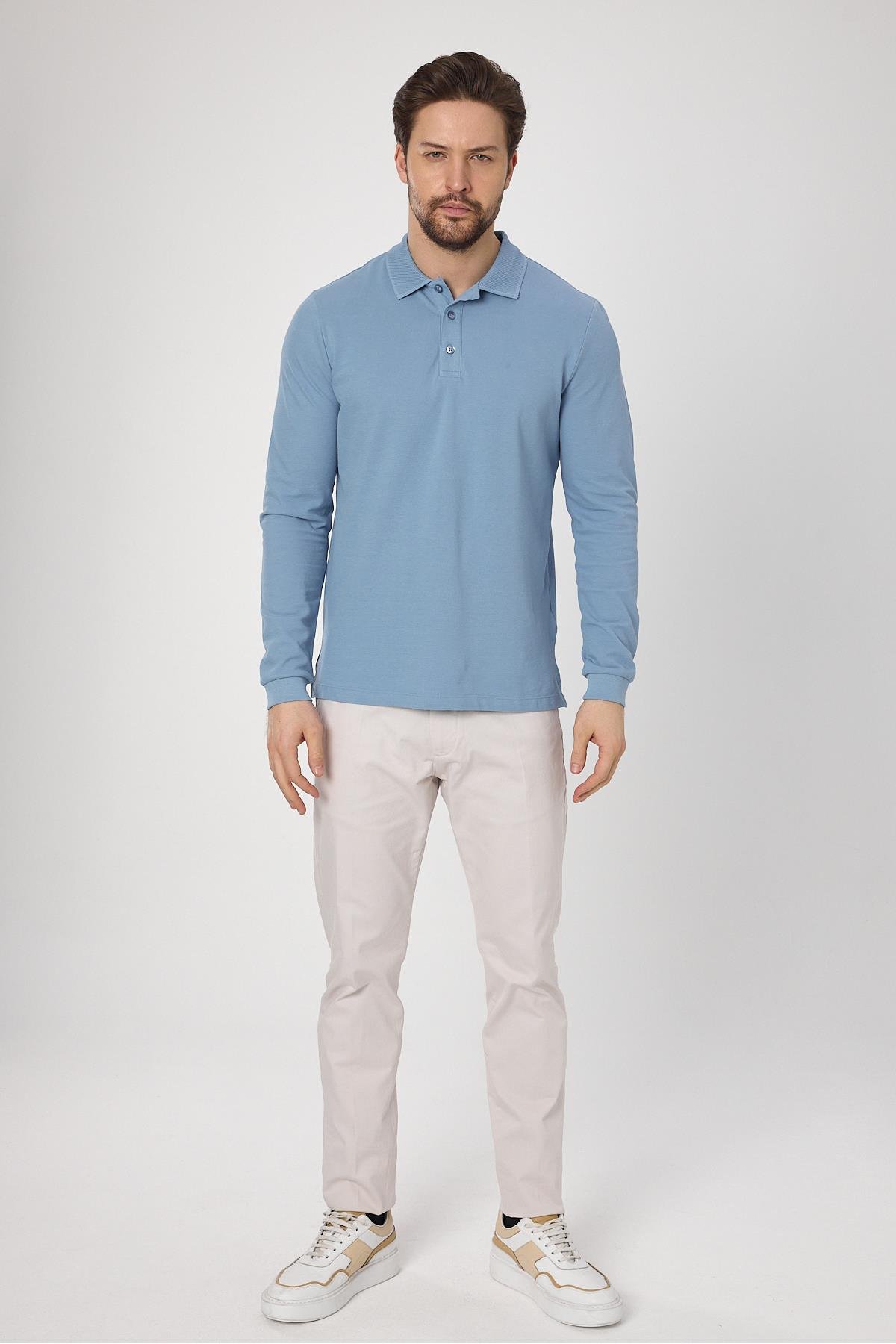 Frank Erkek Mavi %100 Pamuk Pike Örme Esneyen Kumaş Slim Fit Dar Kesim Uzun Kol Polo Tişört