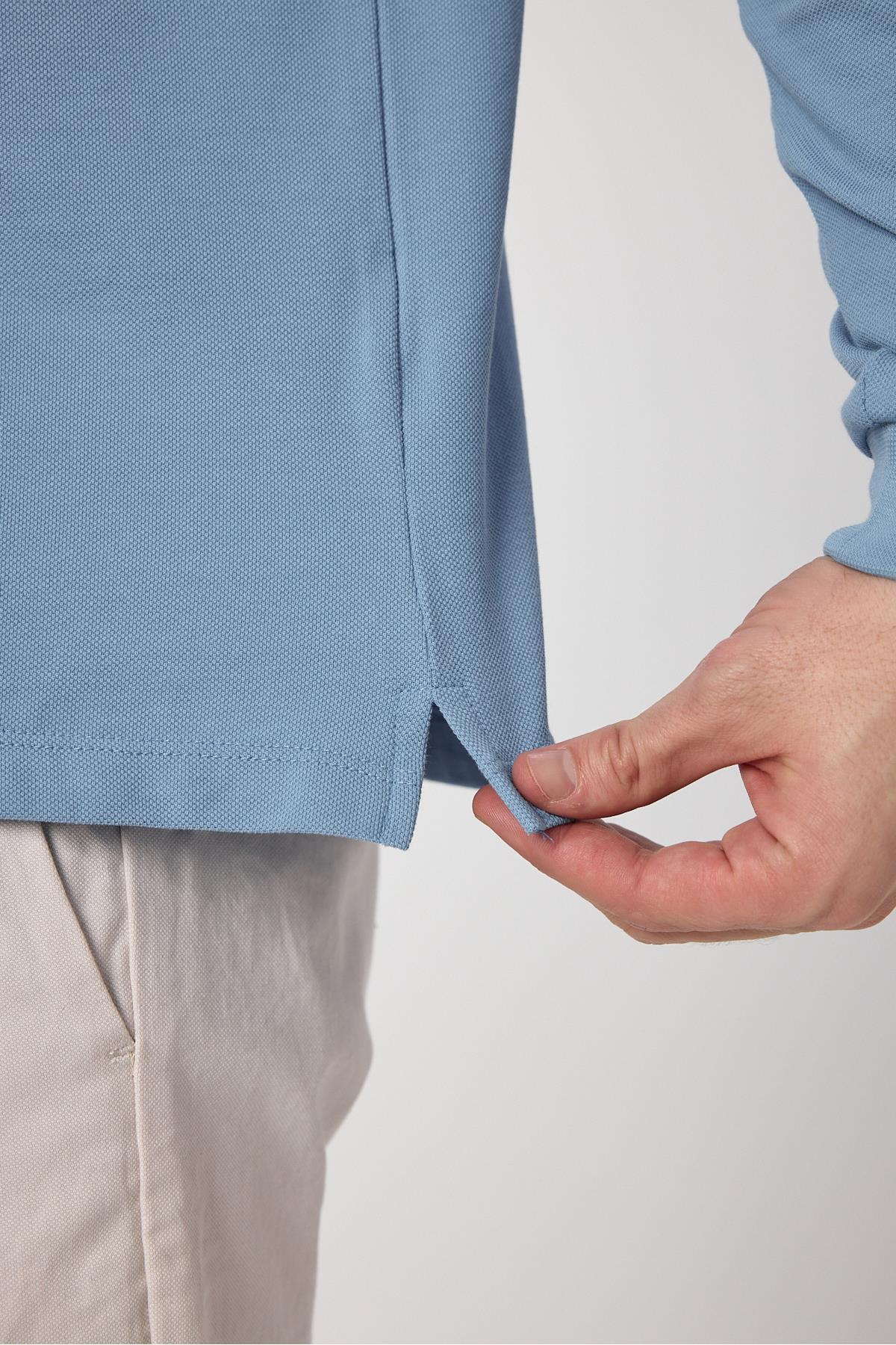 Frank Erkek Mavi %100 Pamuk Pike Örme Esneyen Kumaş Slim Fit Dar Kesim Uzun Kol Polo Tişört