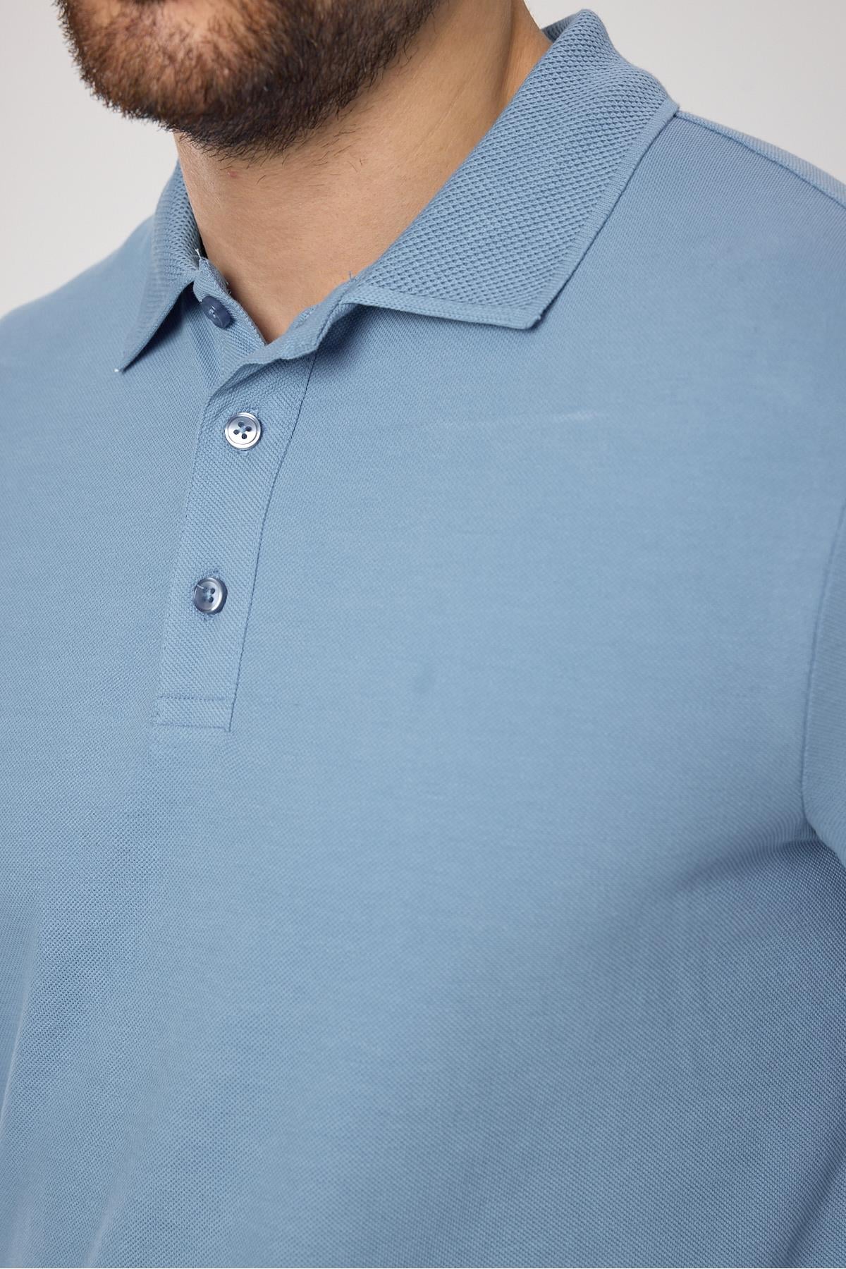 Frank Erkek Mavi %100 Pamuk Pike Örme Esneyen Kumaş Slim Fit Dar Kesim Uzun Kol Polo Tişört