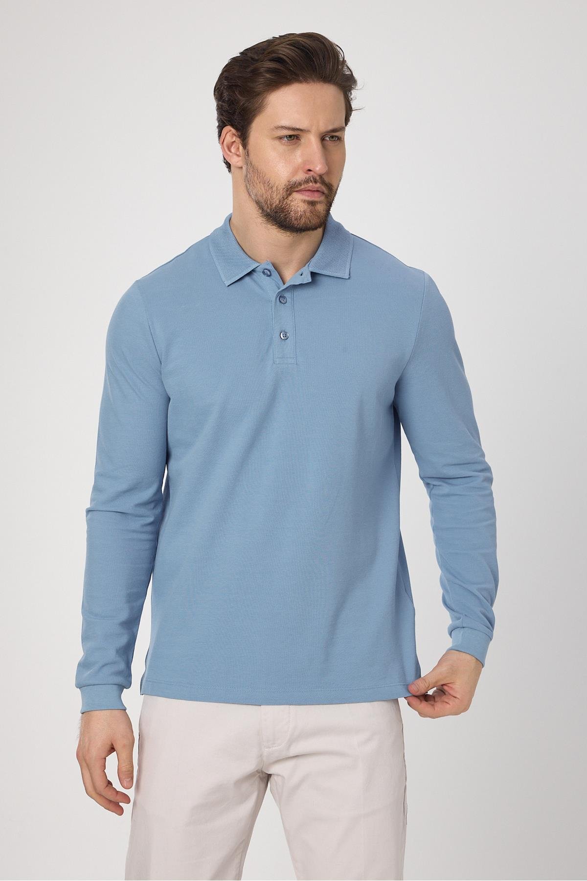 Frank Erkek Mavi %100 Pamuk Pike Örme Esneyen Kumaş Slim Fit Dar Kesim Uzun Kol Polo Tişört