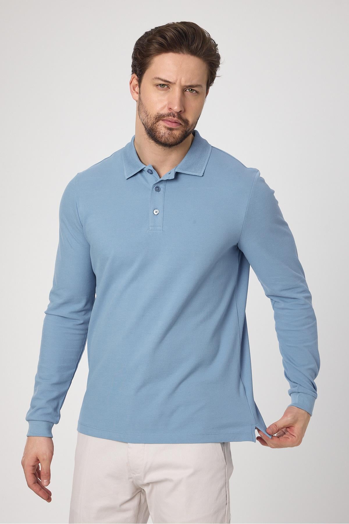 Frank Erkek Mavi %100 Pamuk Pike Örme Esneyen Kumaş Slim Fit Dar Kesim Uzun Kol Polo Tişört