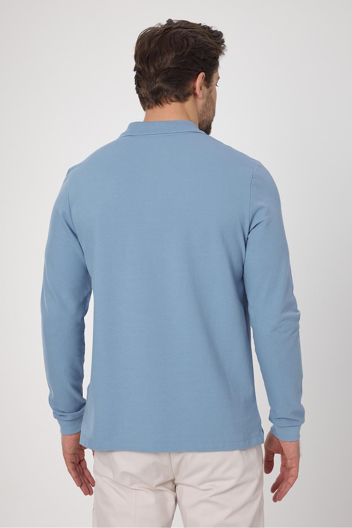Frank Erkek Mavi %100 Pamuk Pike Örme Esneyen Kumaş Slim Fit Dar Kesim Uzun Kol Polo Tişört