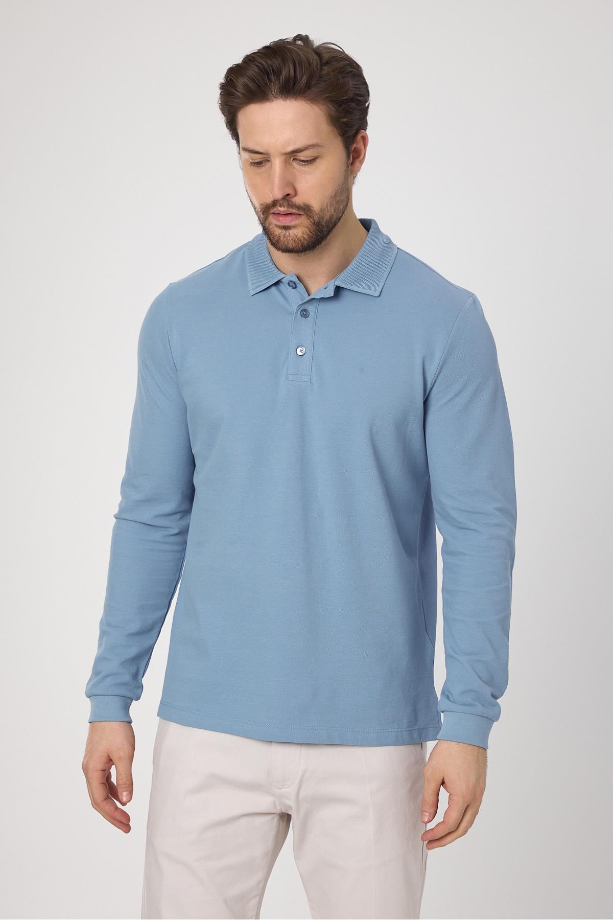 Frank Erkek Mavi %100 Pamuk Pike Örme Esneyen Kumaş Slim Fit Dar Kesim Uzun Kol Polo Tişört