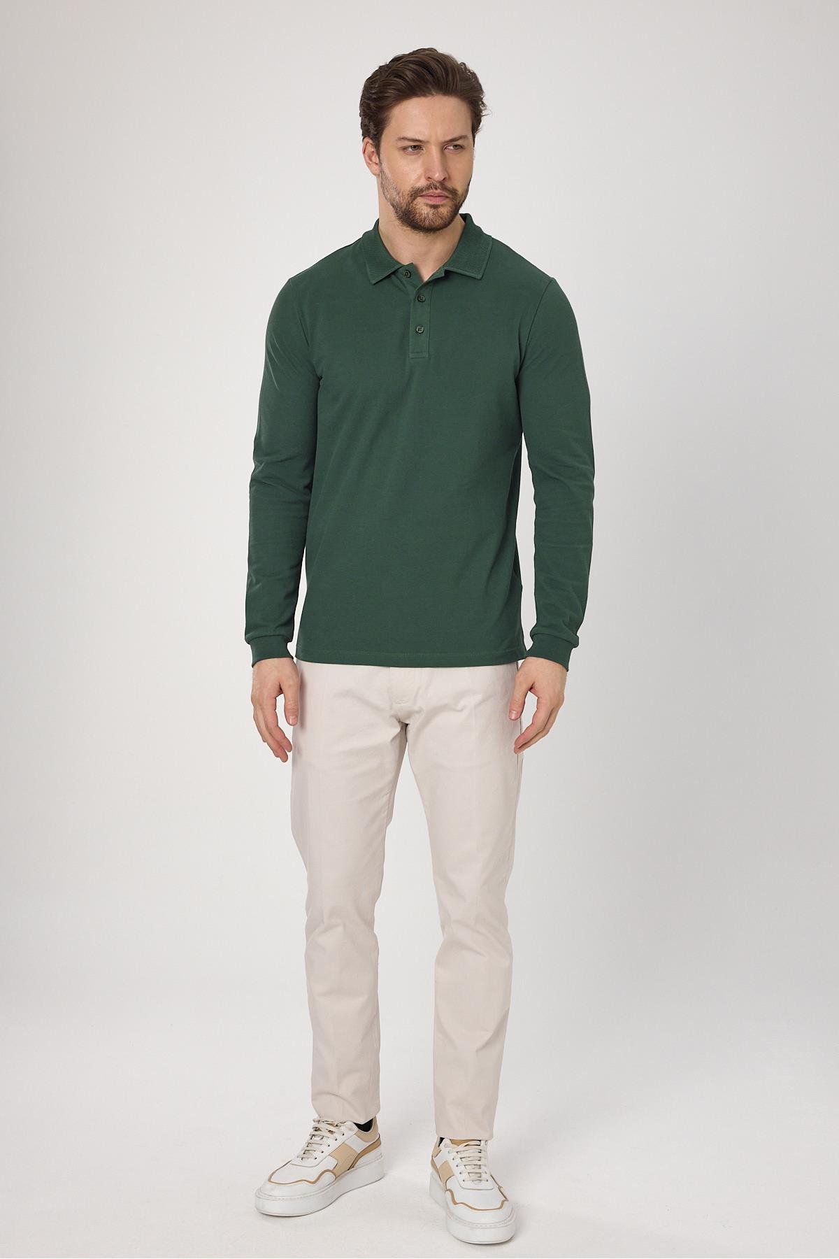 Frank Erkek Yeşil %100 Pamuk Pike Örme Esneyen Kumaş Slim Fit Dar Kesim Uzun Kol Polo Tişört