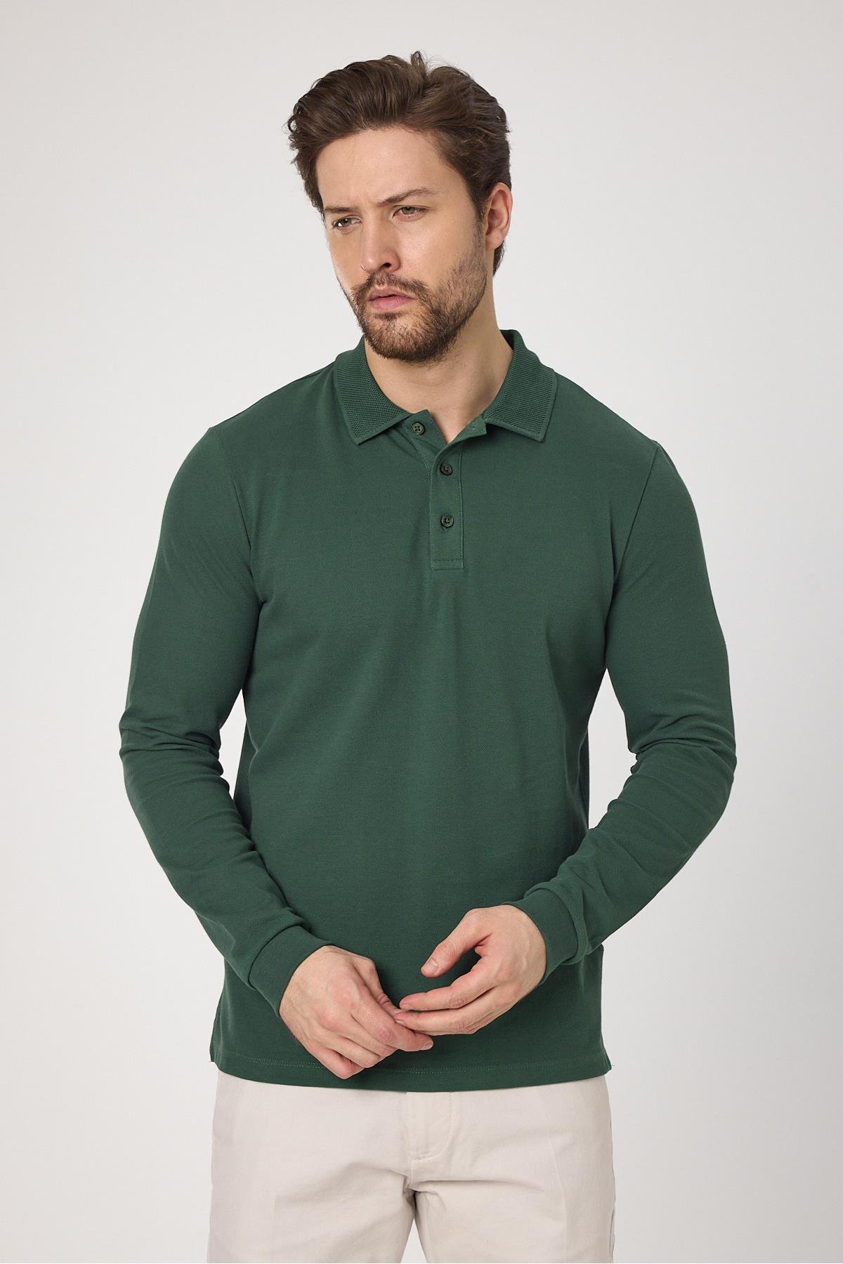 Frank Erkek Yeşil %100 Pamuk Pike Örme Esneyen Kumaş Slim Fit Dar Kesim Uzun Kol Polo Tişört