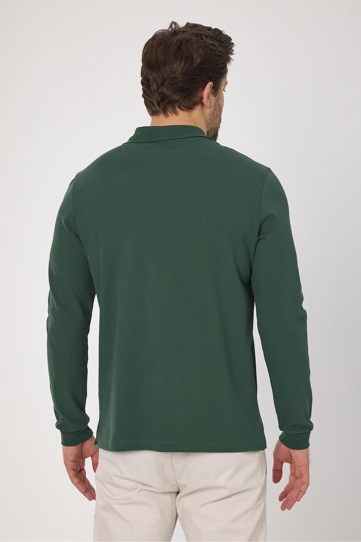 Frank Erkek Yeşil %100 Pamuk Pike Örme Esneyen Kumaş Slim Fit Dar Kesim Uzun Kol Polo Tişört