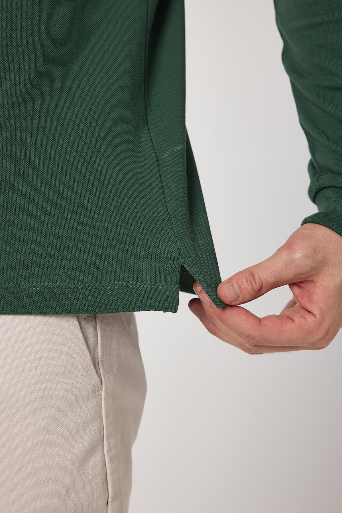 Frank Erkek Yeşil %100 Pamuk Pike Örme Esneyen Kumaş Slim Fit Dar Kesim Uzun Kol Polo Tişört