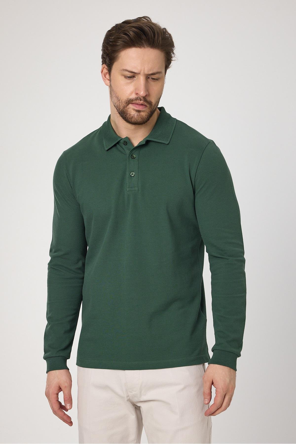 Frank Erkek Yeşil %100 Pamuk Pike Örme Esneyen Kumaş Slim Fit Dar Kesim Uzun Kol Polo Tişört