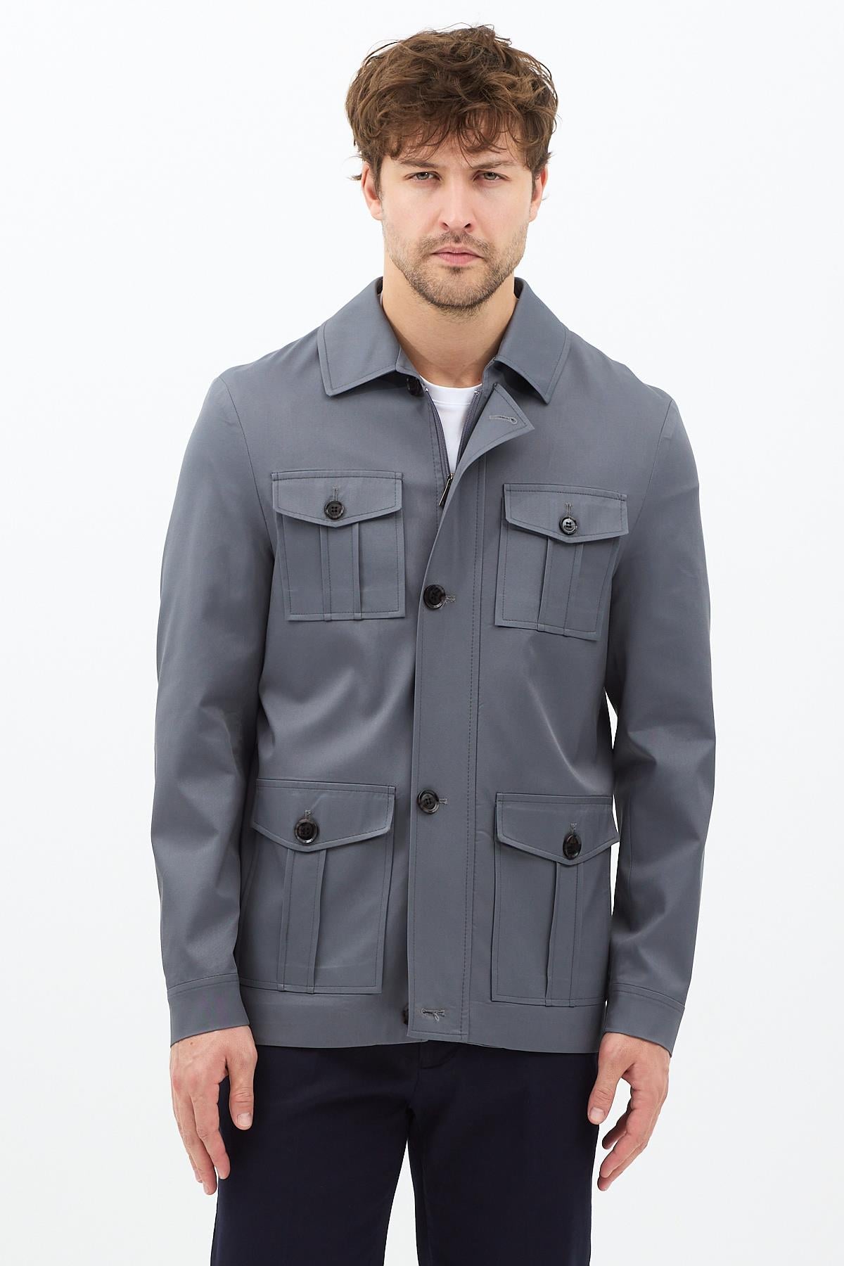 Fred Erkek Antrasit İtalyan Kesim Slim Fit İlkbahar-Sonbahar Trençkot-Mont