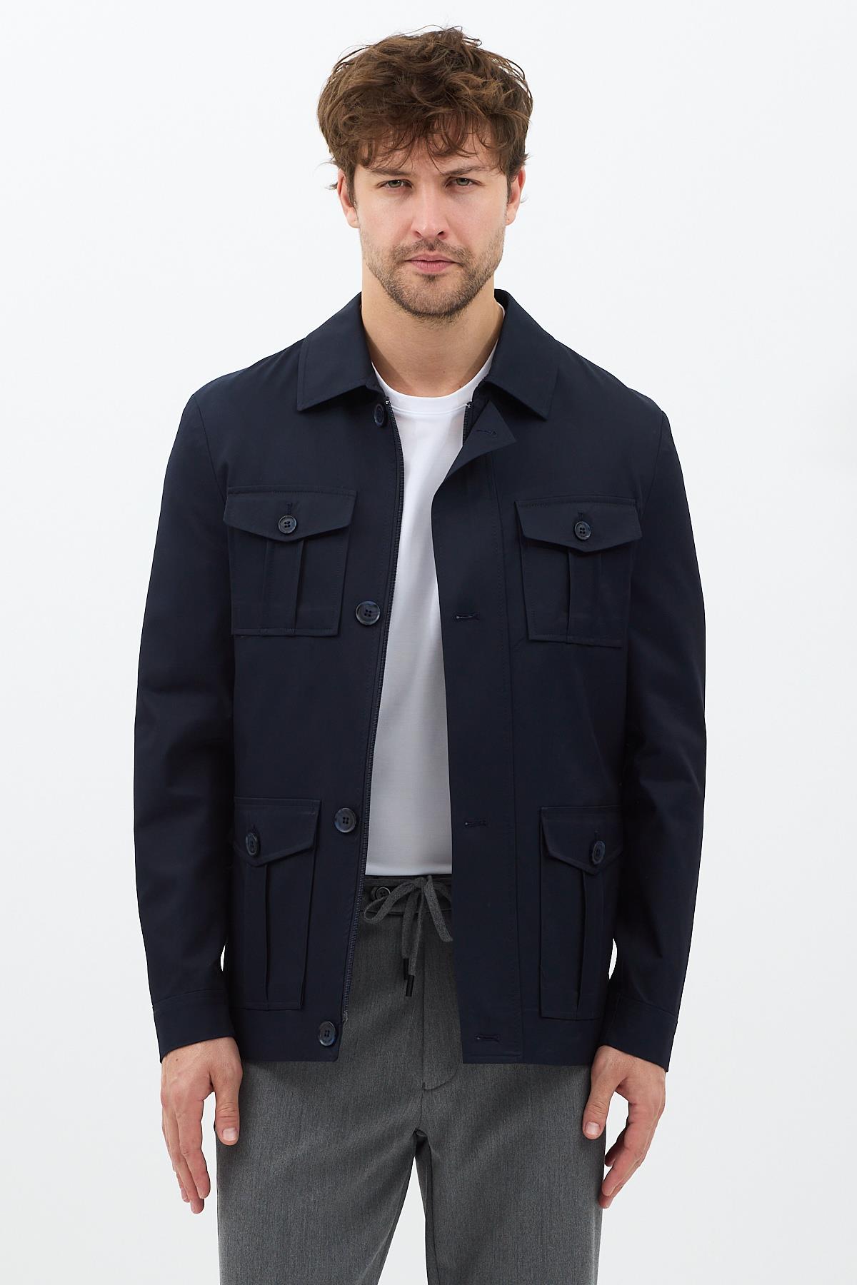 Fred Erkek Lacivert İtalyan Kesim Slim Fit İlkbahar-Sonbahar Trençkot-Mont