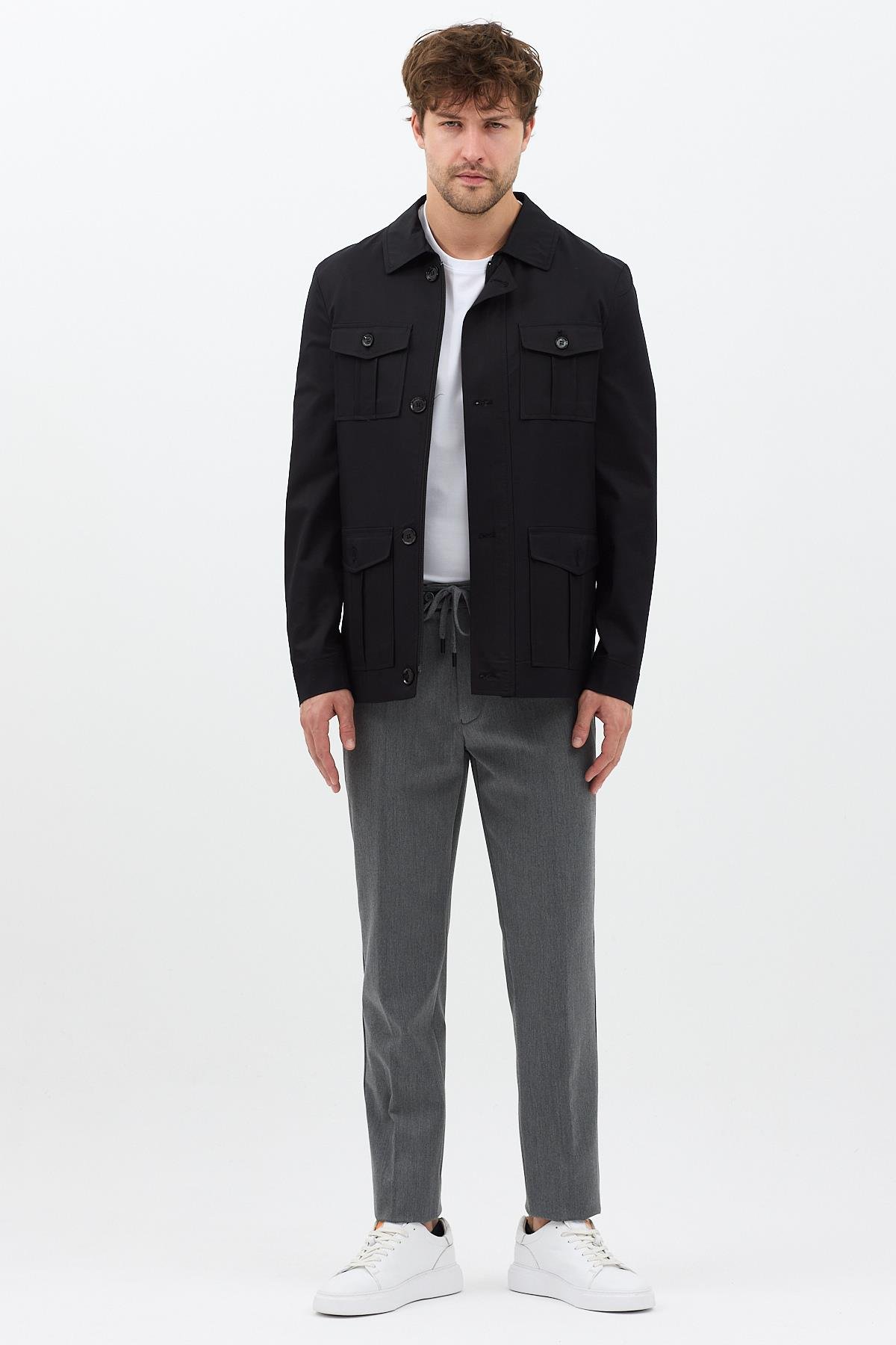 Fred Erkek Siyah İtalyan Kesim Slim Fit İlkbahar-Sonbahar Trençkot-Mont