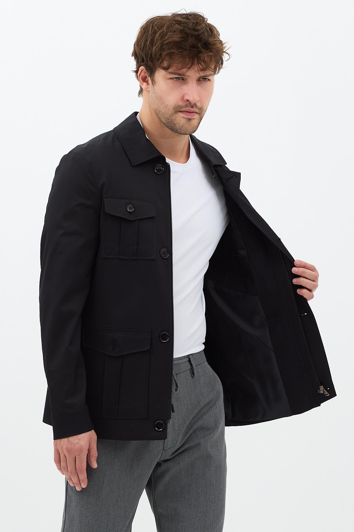 Fred Erkek Siyah İtalyan Kesim Slim Fit İlkbahar-Sonbahar Trençkot-Mont