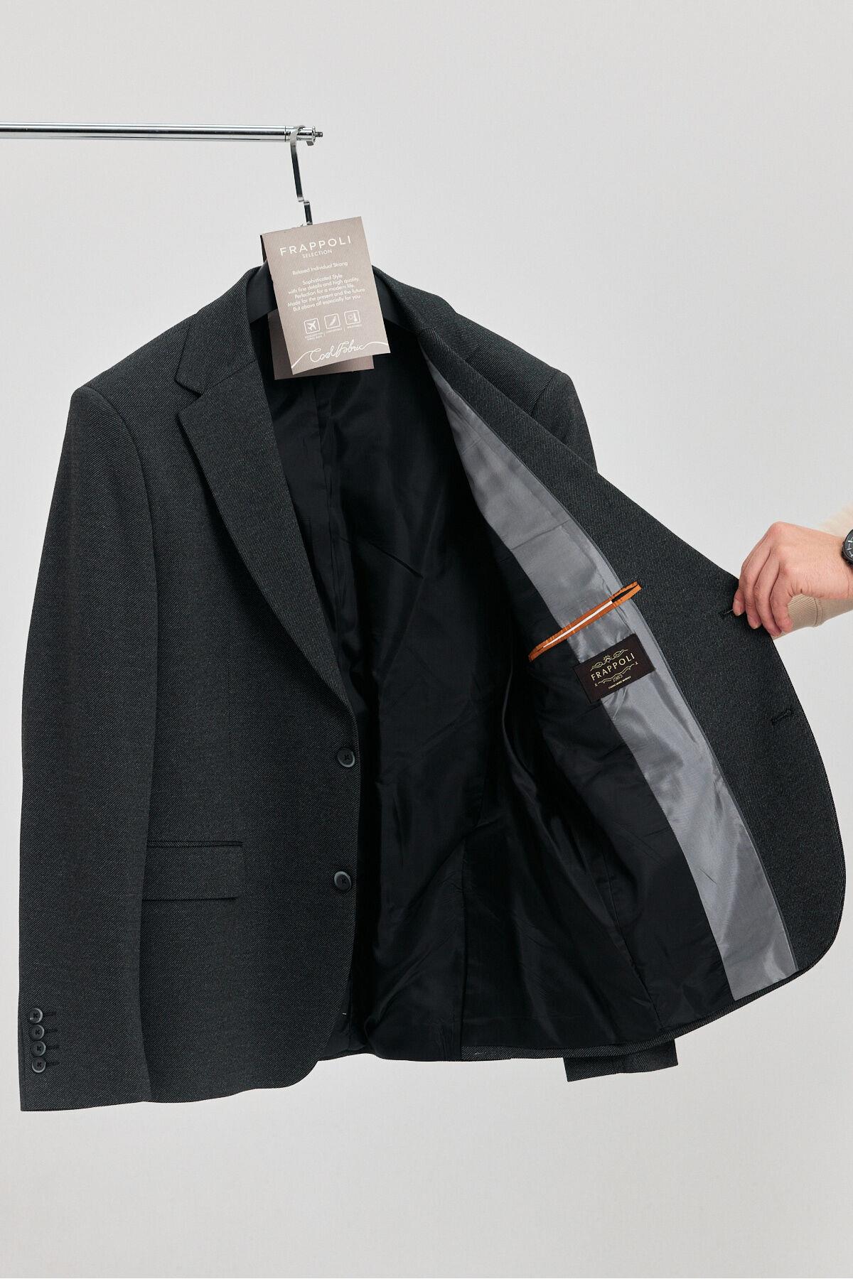 Frenco Erkek Antrasit Esneyen Kumaş Diağonel Desenli Slim Fit Blazer Ceket (Büyük Beden - Battal)