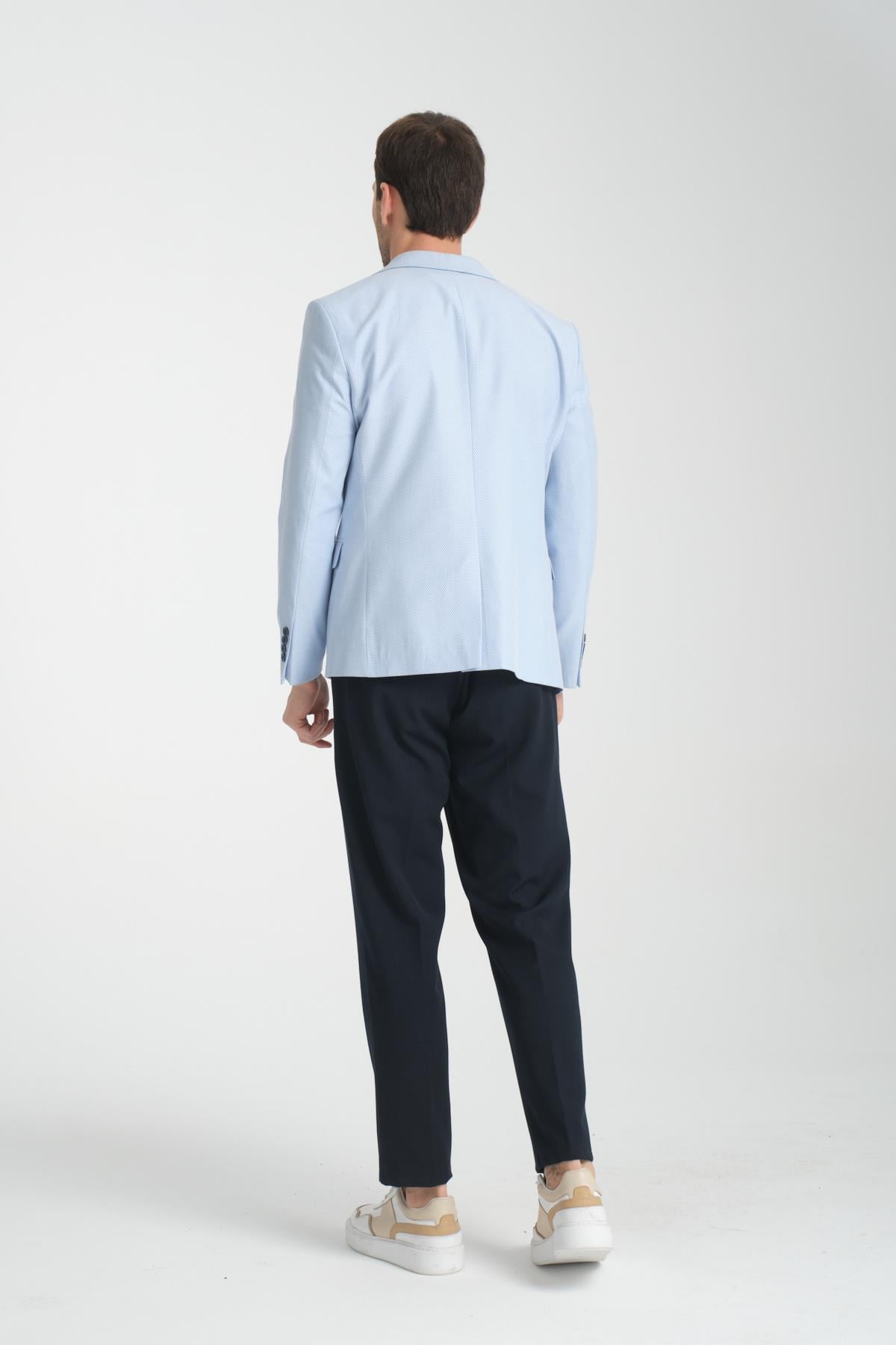 Galdino Erkek Buz Mavi Kendinden Desenli Slim Fit Mono Yaka Spor Blazer Ceket