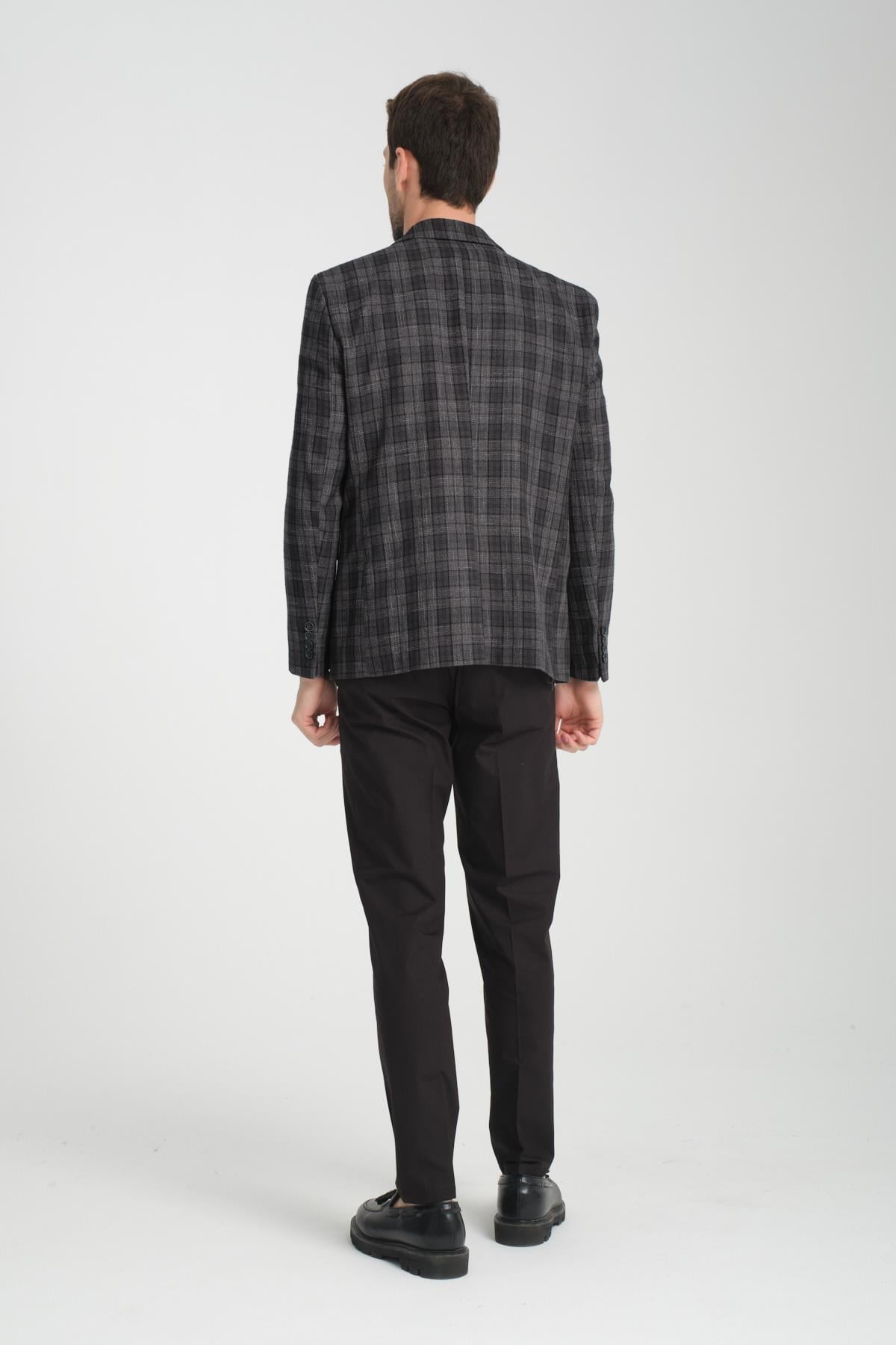 Galileo Erkek Antrasit Kareli Ekoseli Mono Yaka Esnemeyen Kumaş Kalın Kumaş Slim Fit Blazer Ceket