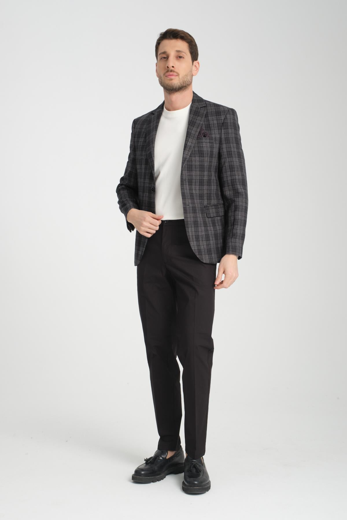 Galileo Erkek Antrasit Kareli Ekoseli Mono Yaka Esnemeyen Kumaş Kalın Kumaş Slim Fit Blazer Ceket