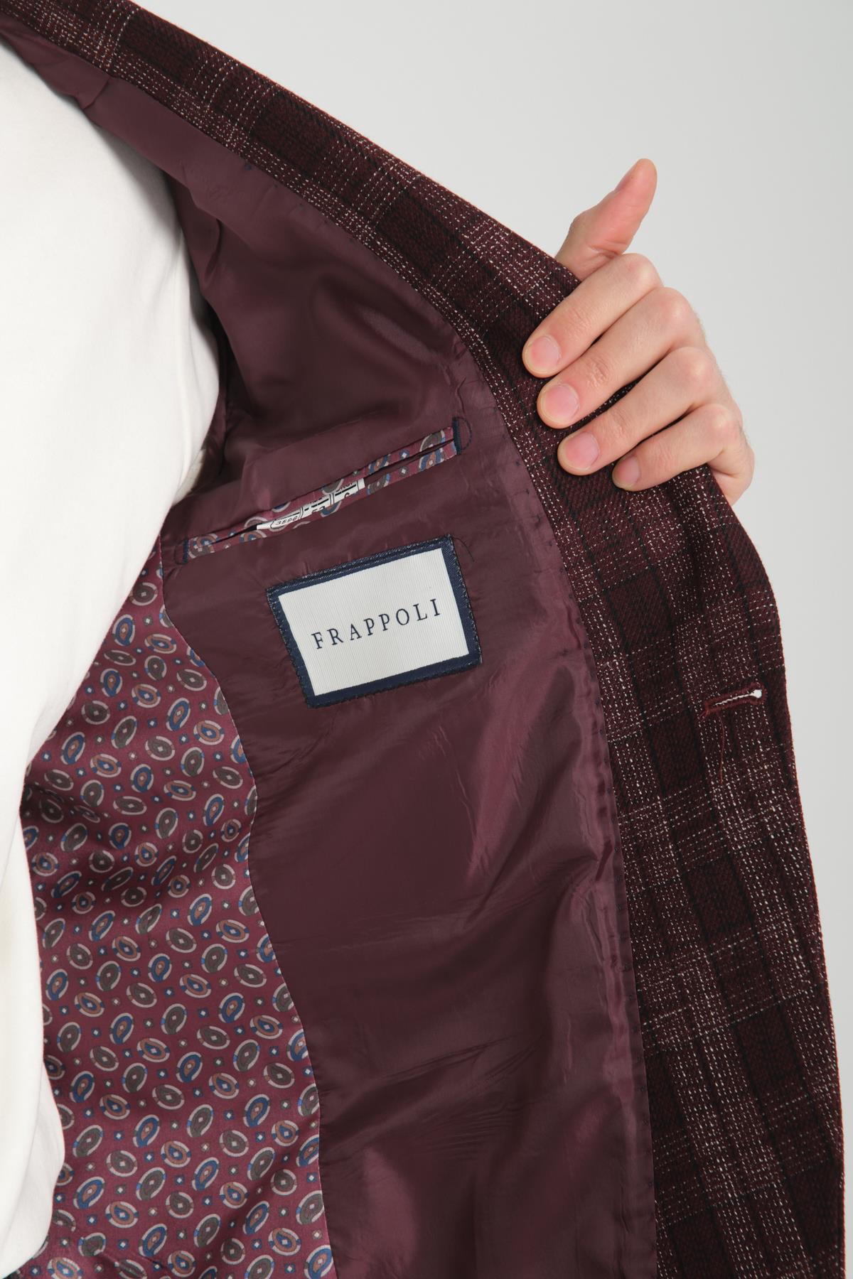 Galileo Erkek Bordo Kareli Ekoseli Mono Yaka Esnemeyen Kumaş Kalın Kumaş Slim Fit Blazer Ceket