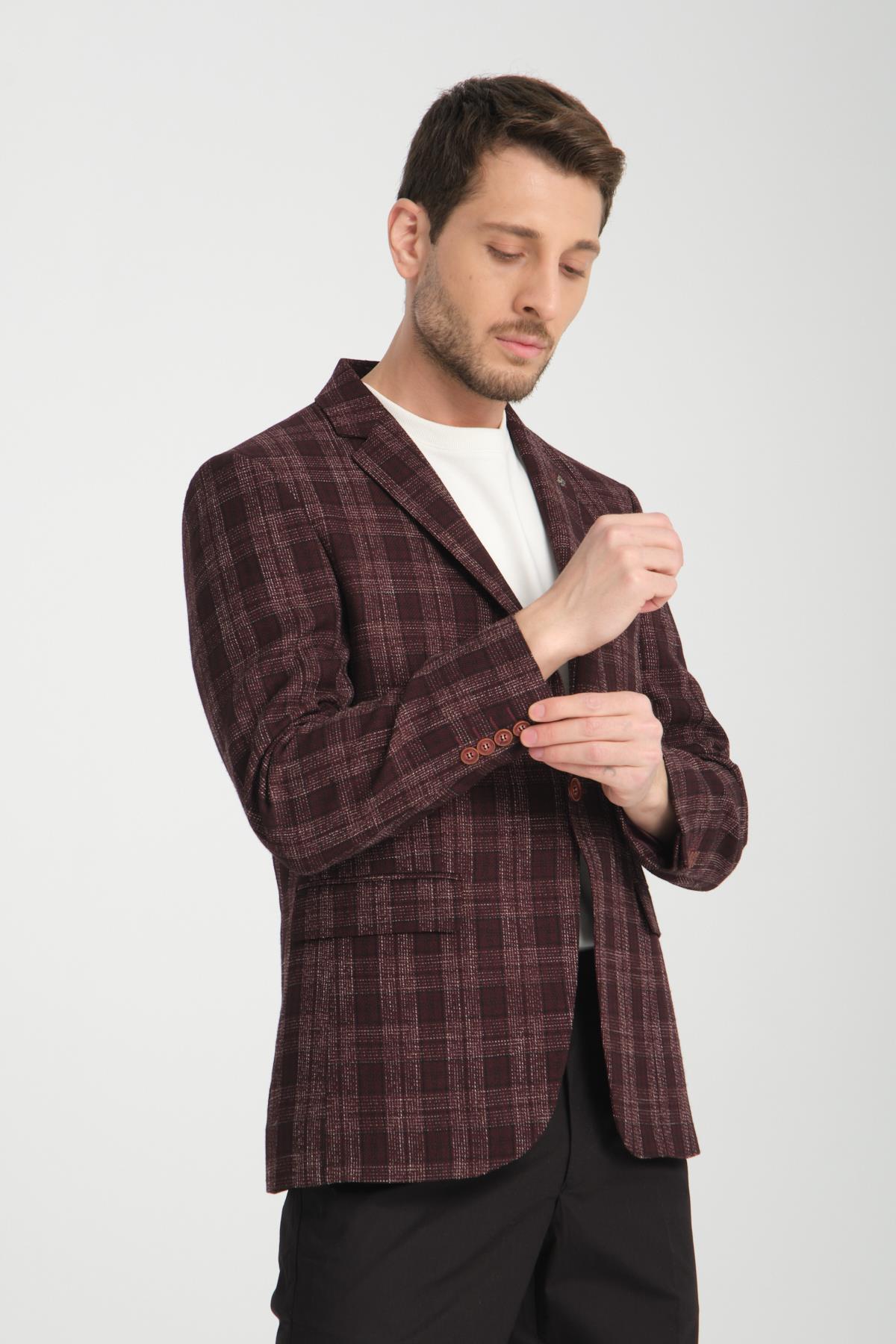 Galileo Erkek Bordo Kareli Ekoseli Mono Yaka Esnemeyen Kumaş Kalın Kumaş Slim Fit Blazer Ceket