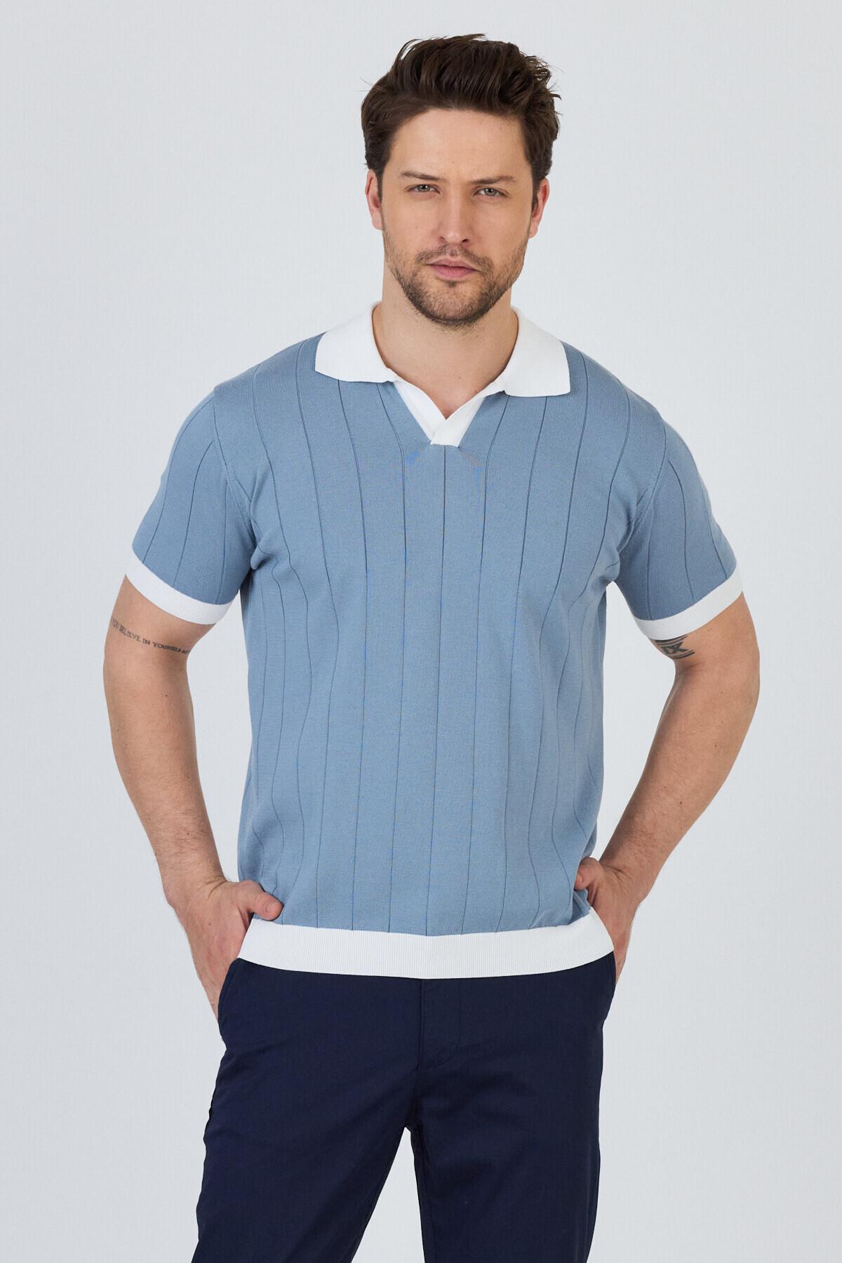 GARCİA Erkek Mavi-Beyaz Pamuk Karışımlı Apaç Yaka Slim Fit Polo Yaka Triko T-Shirt
