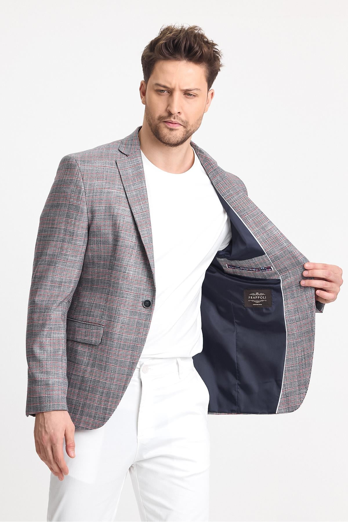 Gasparov Erkek Gri - Bordo Ekoseli  Slim Fit Mono Yaka Blazer Ceket