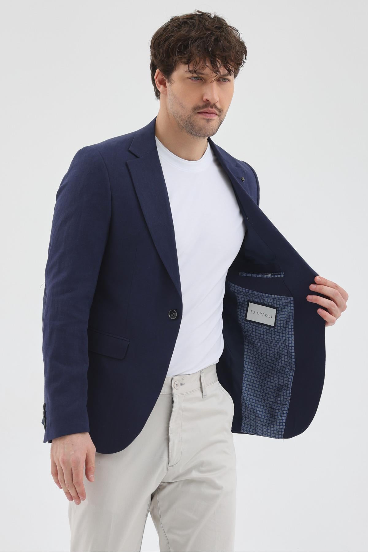 Giove Dirsekli Erkek Lacivert Pamuklu Keten Karışımlı Slim Fit İlkbahar-Yazlık Spor Blazer Ceket