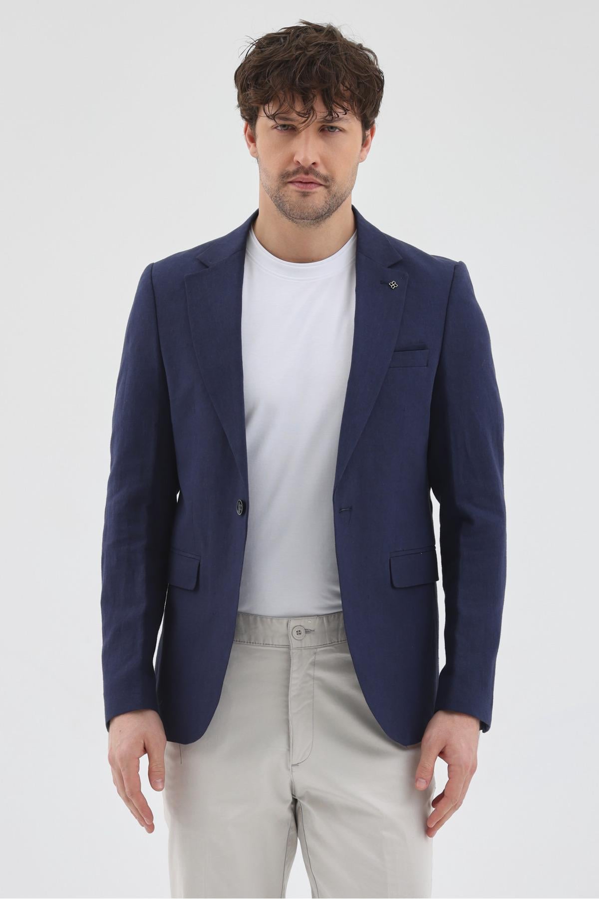 Giove Dirsekli Erkek Lacivert Pamuklu Keten Karışımlı Slim Fit İlkbahar-Yazlık Spor Blazer Ceket