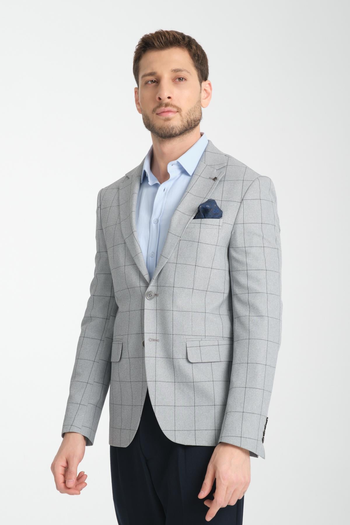 Girado Erkek Açık Gri Ekose Slim Fit Mono Yaka Spor Blazer Ceket