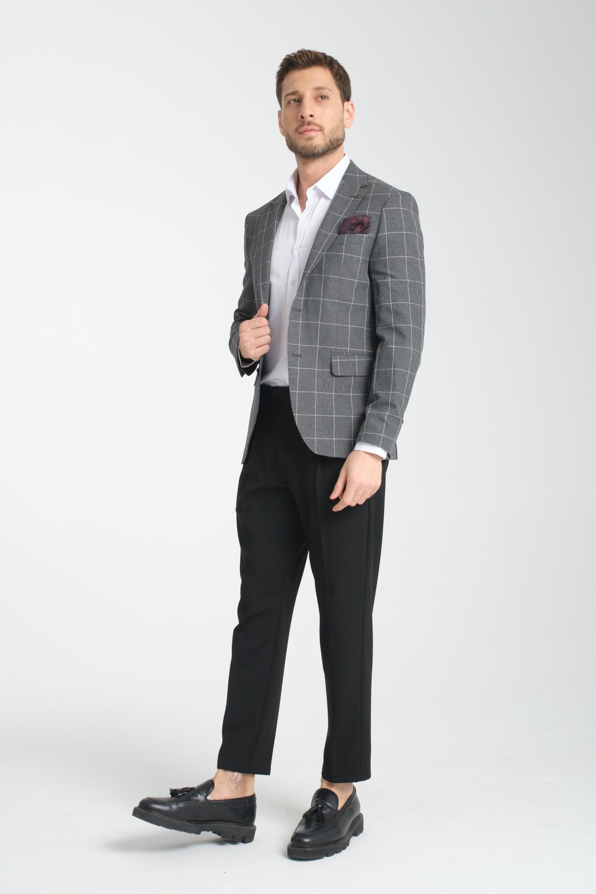 Girado Erkek Gri Ekose Slim Fit Mono Yaka Spor Blazer Ceket