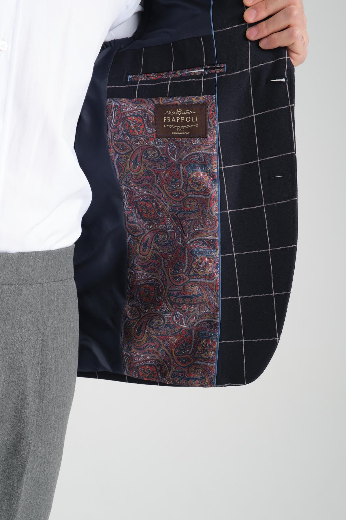 Girado Erkek Koyu Lacivert Ekose Slim Fit Mono Yaka Spor Blazer Ceket