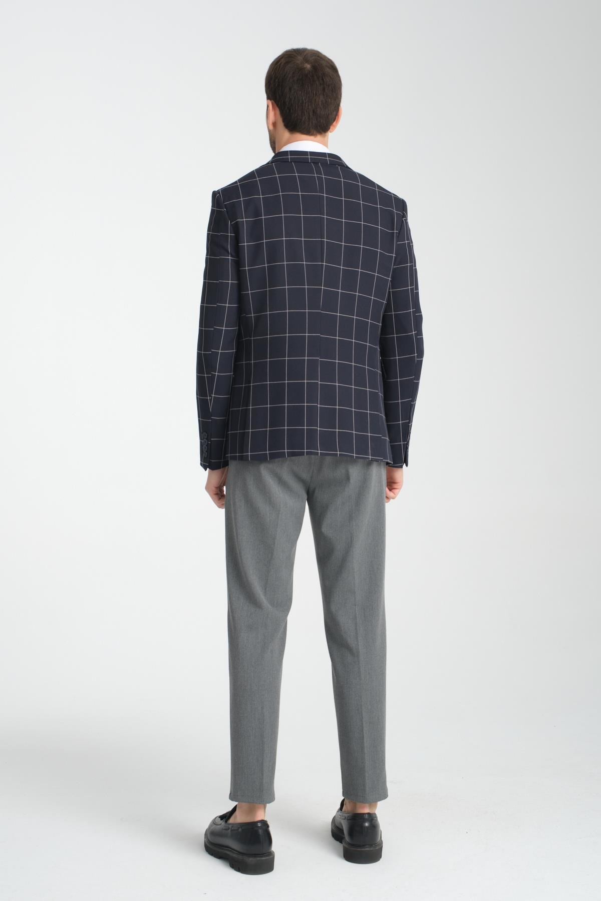Girado Erkek Koyu Lacivert Ekose Slim Fit Mono Yaka Spor Blazer Ceket