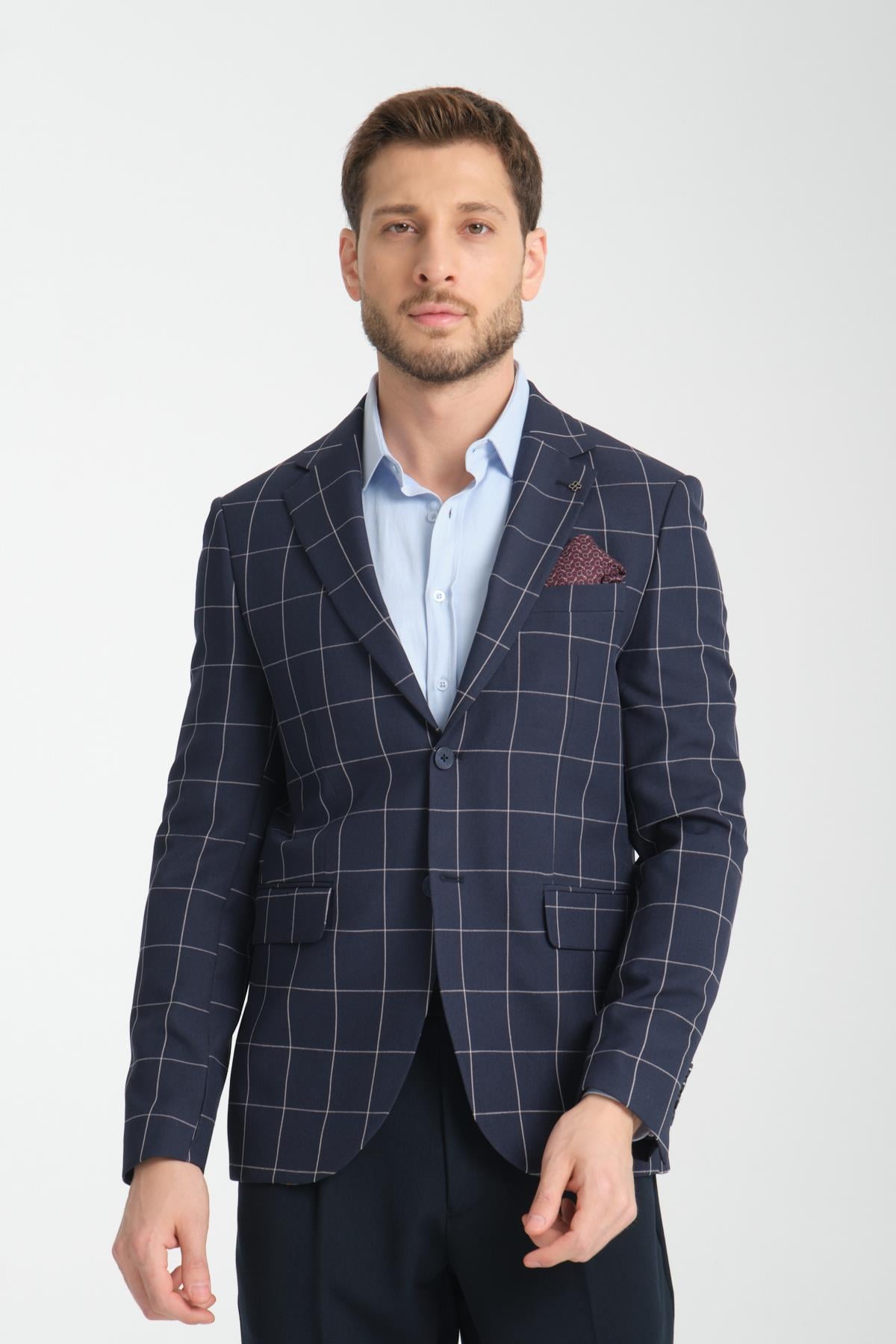 Girado Erkek Lacivert Ekose Slim Fit Mono Yaka Spor Blazer Ceket