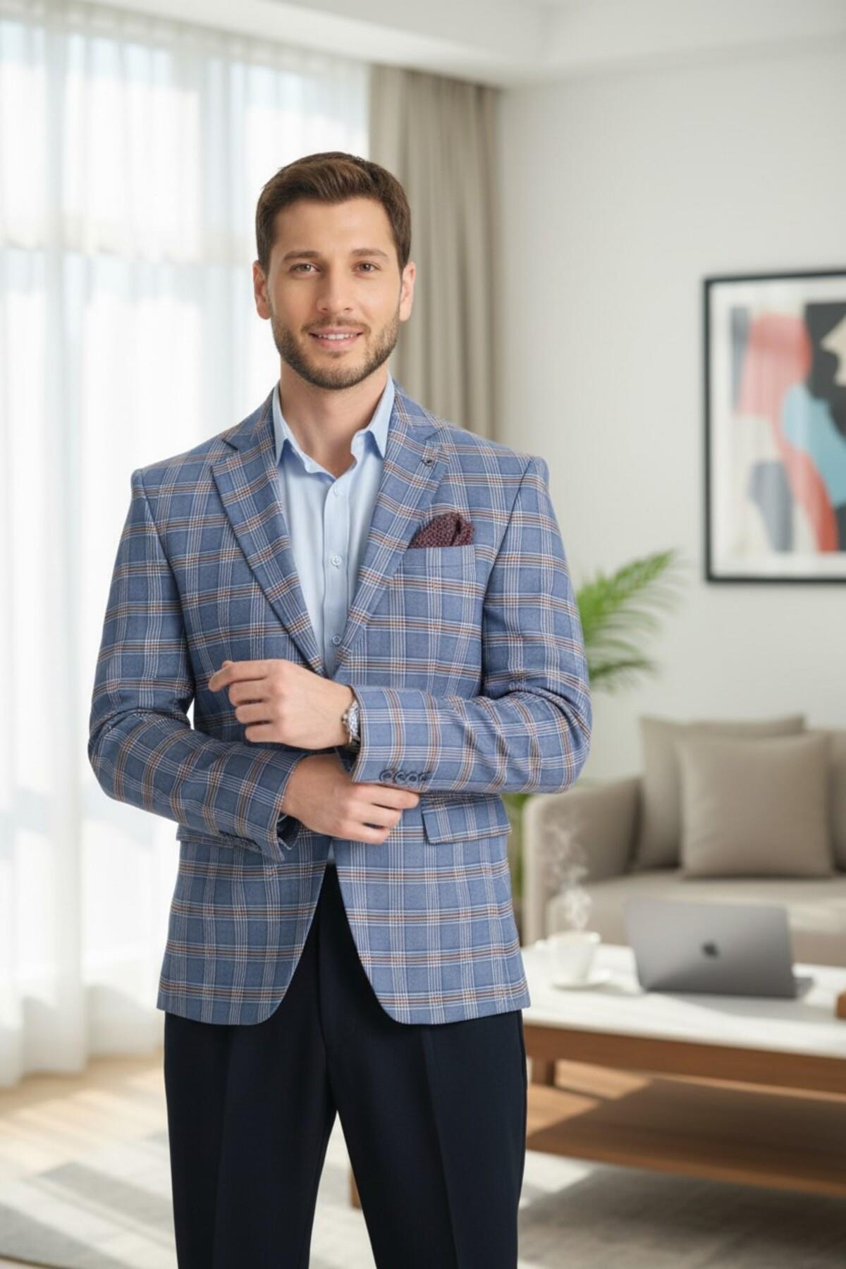 Giraldo Erkek Mavi - Bordo Ekose Slim Fit Mono Yaka Spor Blazer Ceket