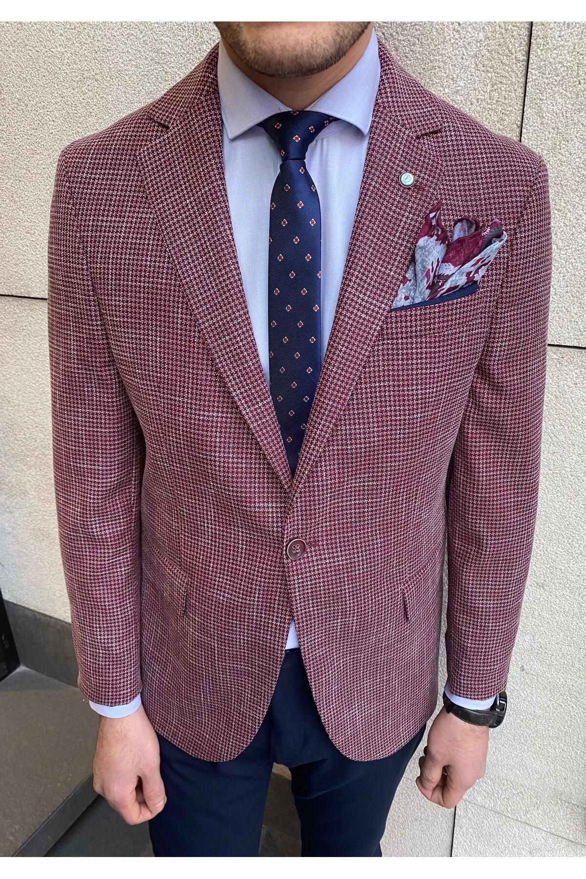 Gomez Erkek Bordo Armürlü Poliviskon Kumaşlı Slim Fit Spor Blazer Ceket