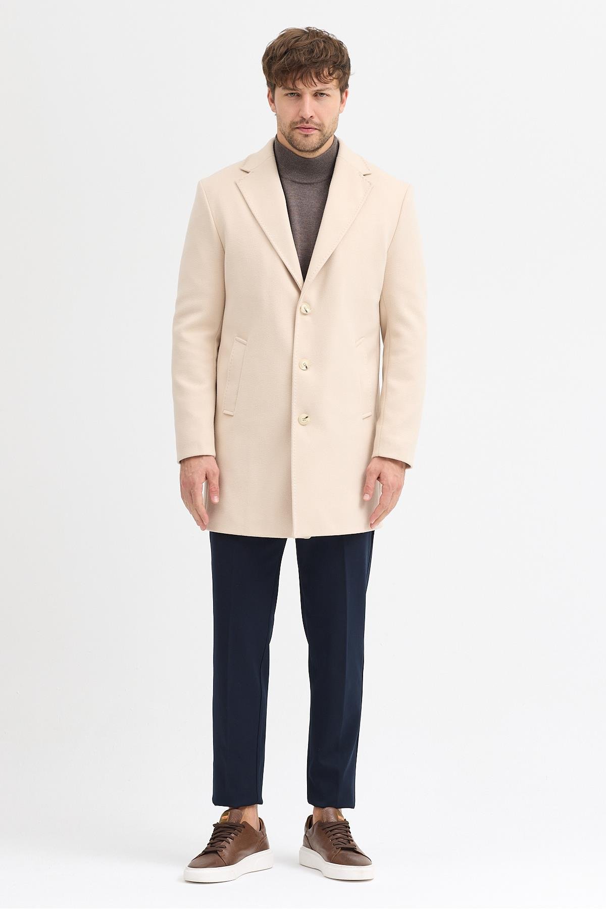 Grande Erkek Bej Ceket Yaka Slim Fit Kaşe Kaban